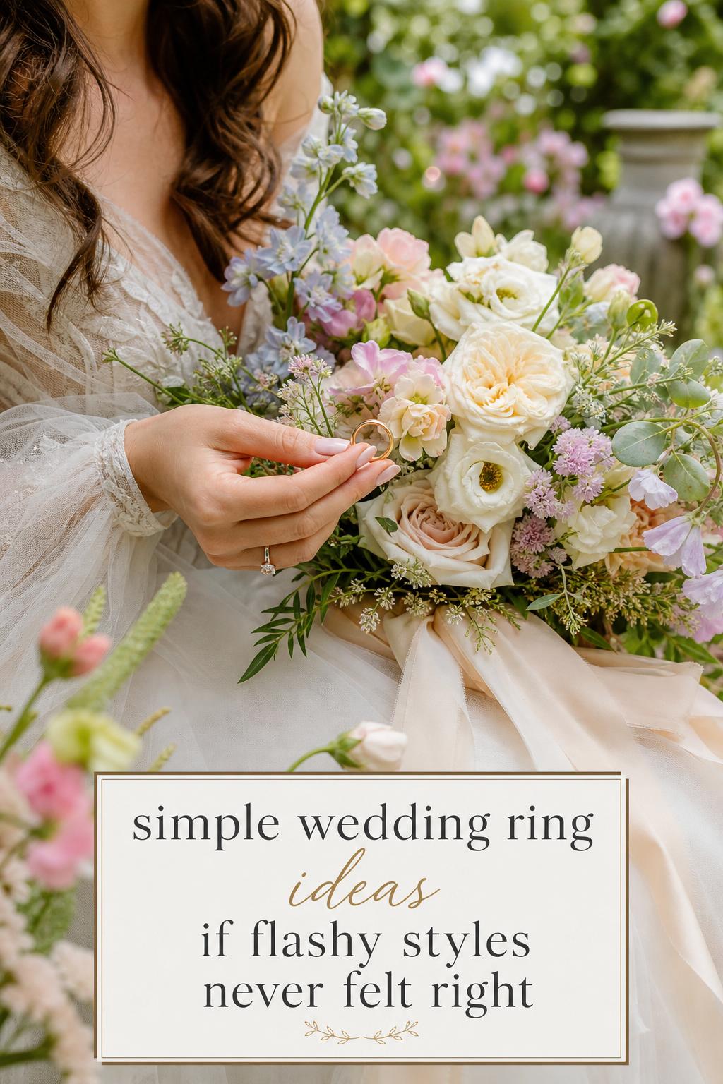 Bride holding a simple wedding ring beside her bouquet in a dreamy garden wedding close-up photograph