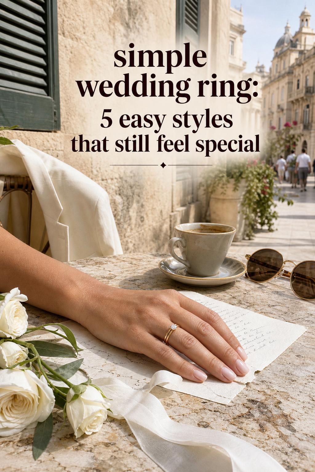 Simple wedding ring on bride’s hand at a Mediterranean café table, with espresso and vow notes in warm daylight
