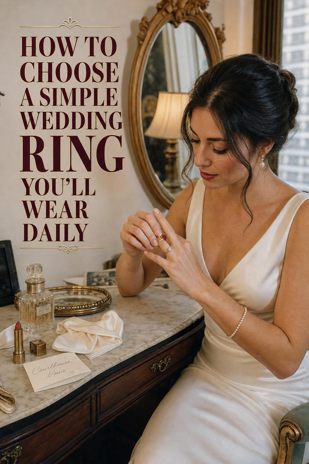Simple wedding ring on bride’s hand at a vintage hotel vanity with retro bridal accessories and warm cinematic light