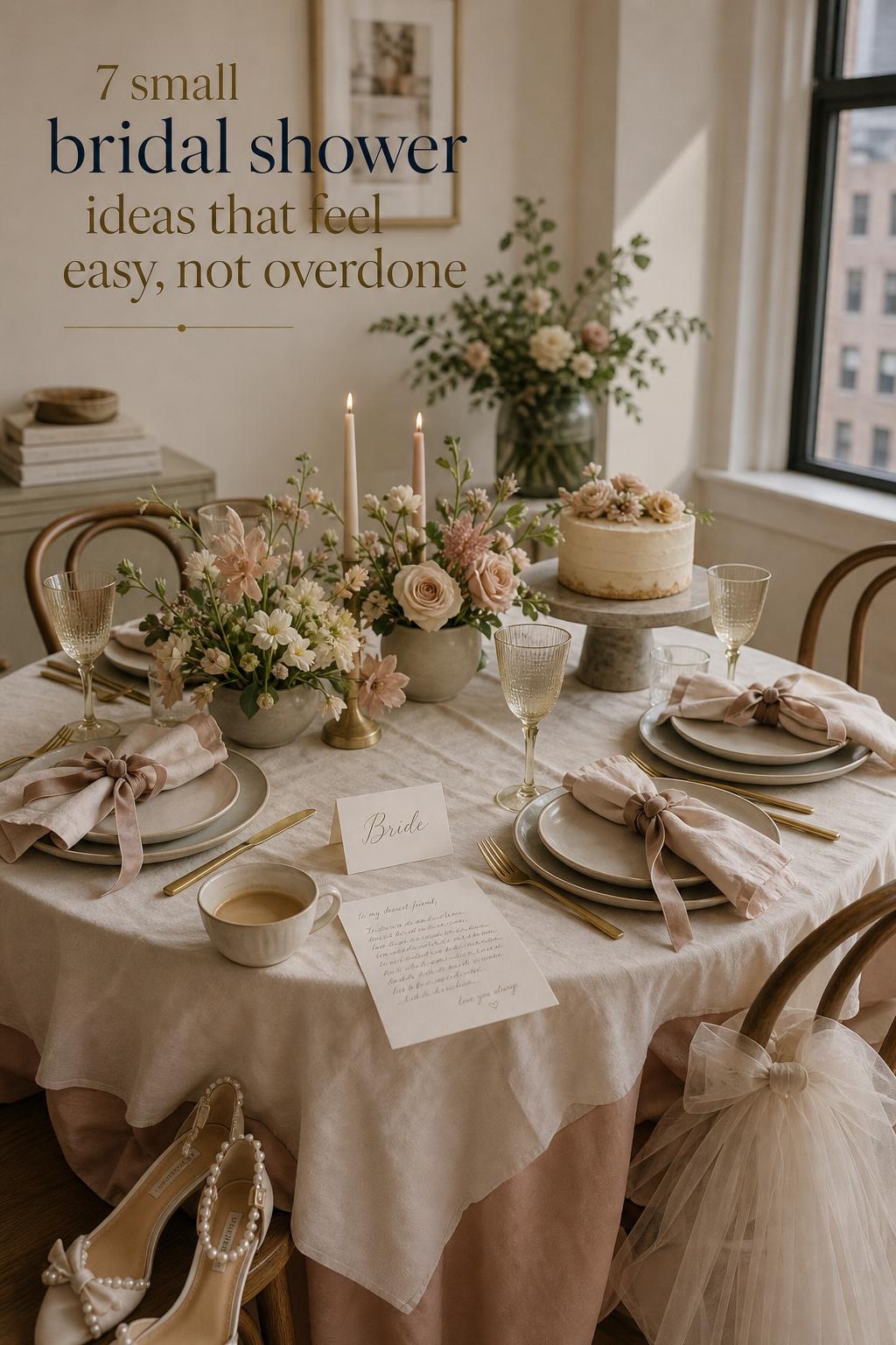 Small bridal shower ideas: chic brunch table for four with blush linens, florals, candles, petite cake and handwritten note