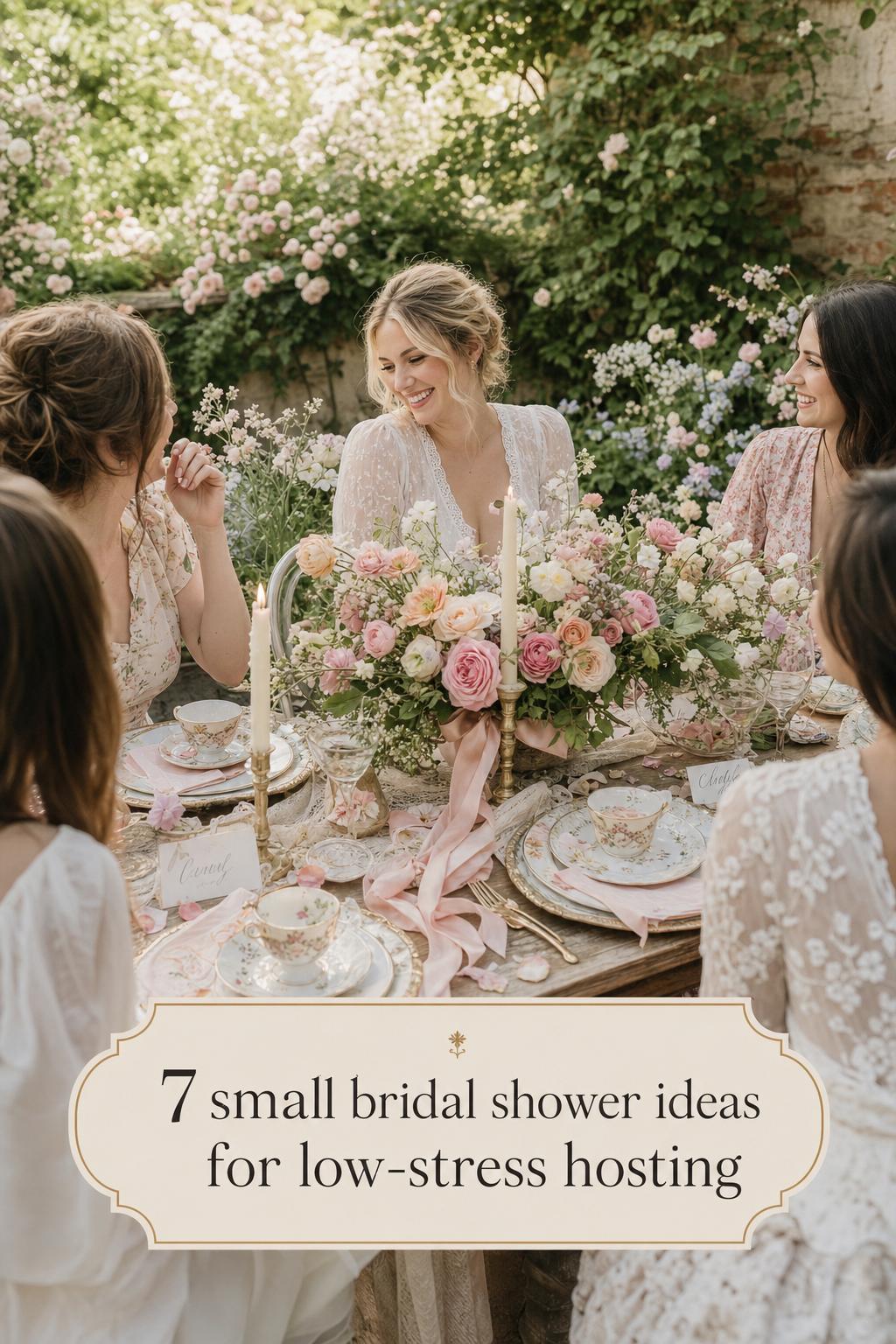 Small bridal shower ideas: intimate garden brunch table with pastel florals, vintage place settings, and laughing bride