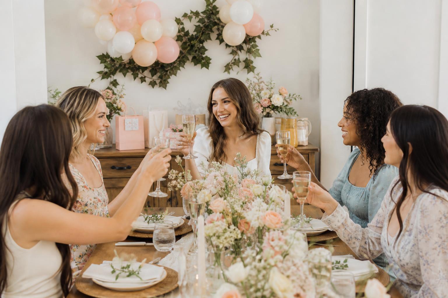 Small bridal shower ideas with an intimate garden brunch table, blush florals, candles, and elegant place settings