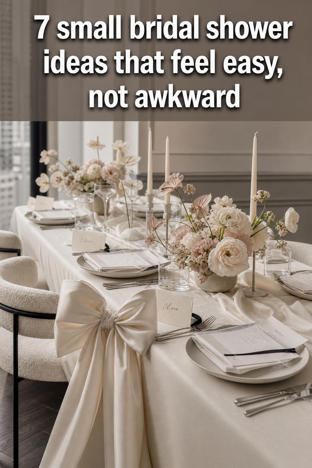Small bridal shower ideas with an intimate table setup, blush flowers, candles, and personalized place cards