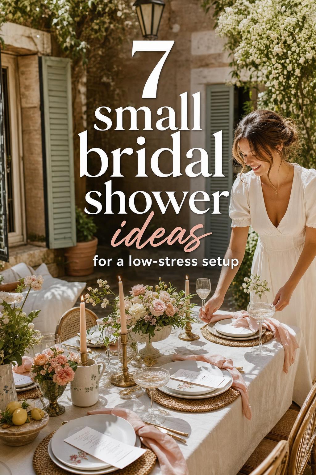 Small bridal shower ideas on a sunlit Mediterranean terrace, with an elegant table set for brunch and the bride adjusting a place setting.