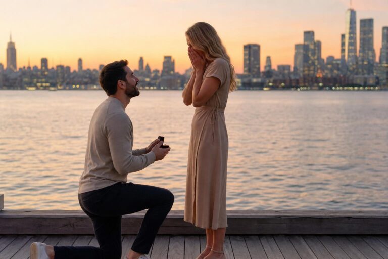 Small proposal ideas with a candlelit at-home engagement moment on a modern dining table