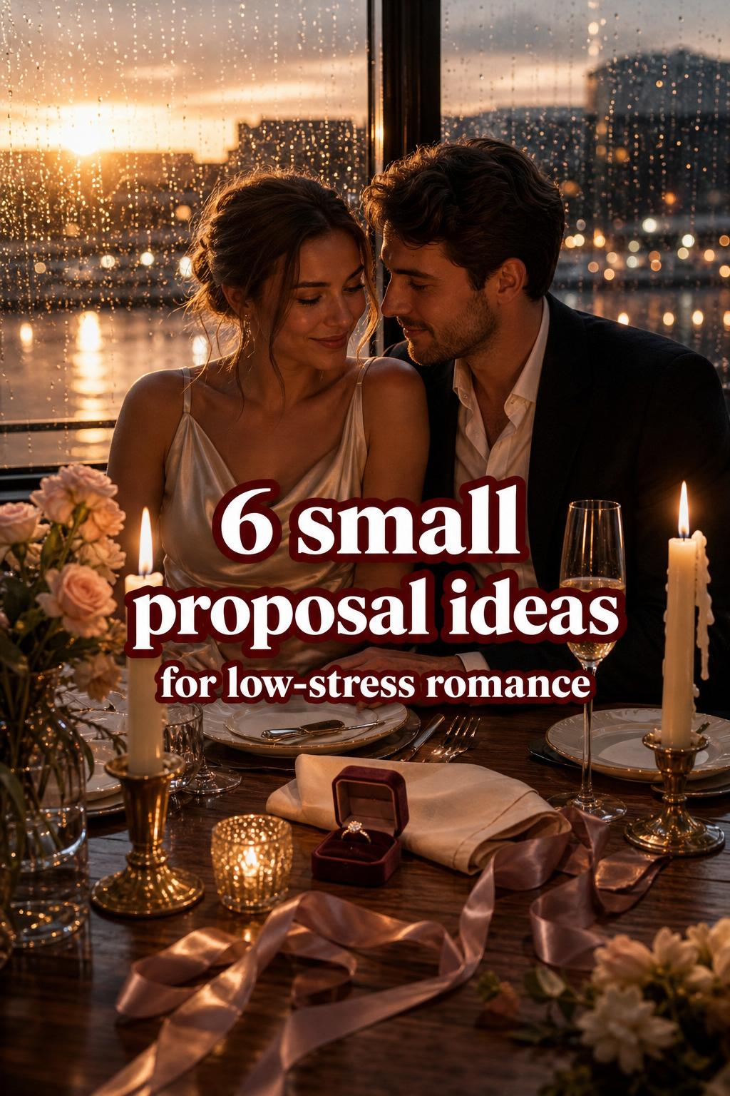 Small proposal ideas: candlelit dinner by a rainy window at sunset with ring box, candles, and couple sharing a quiet moment