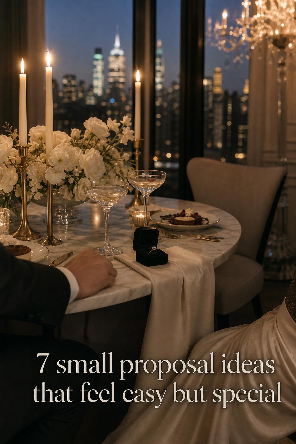 Small proposal ideas: candlelit private dinner proposal with marble table, ivory candles, ring box, and city dusk view