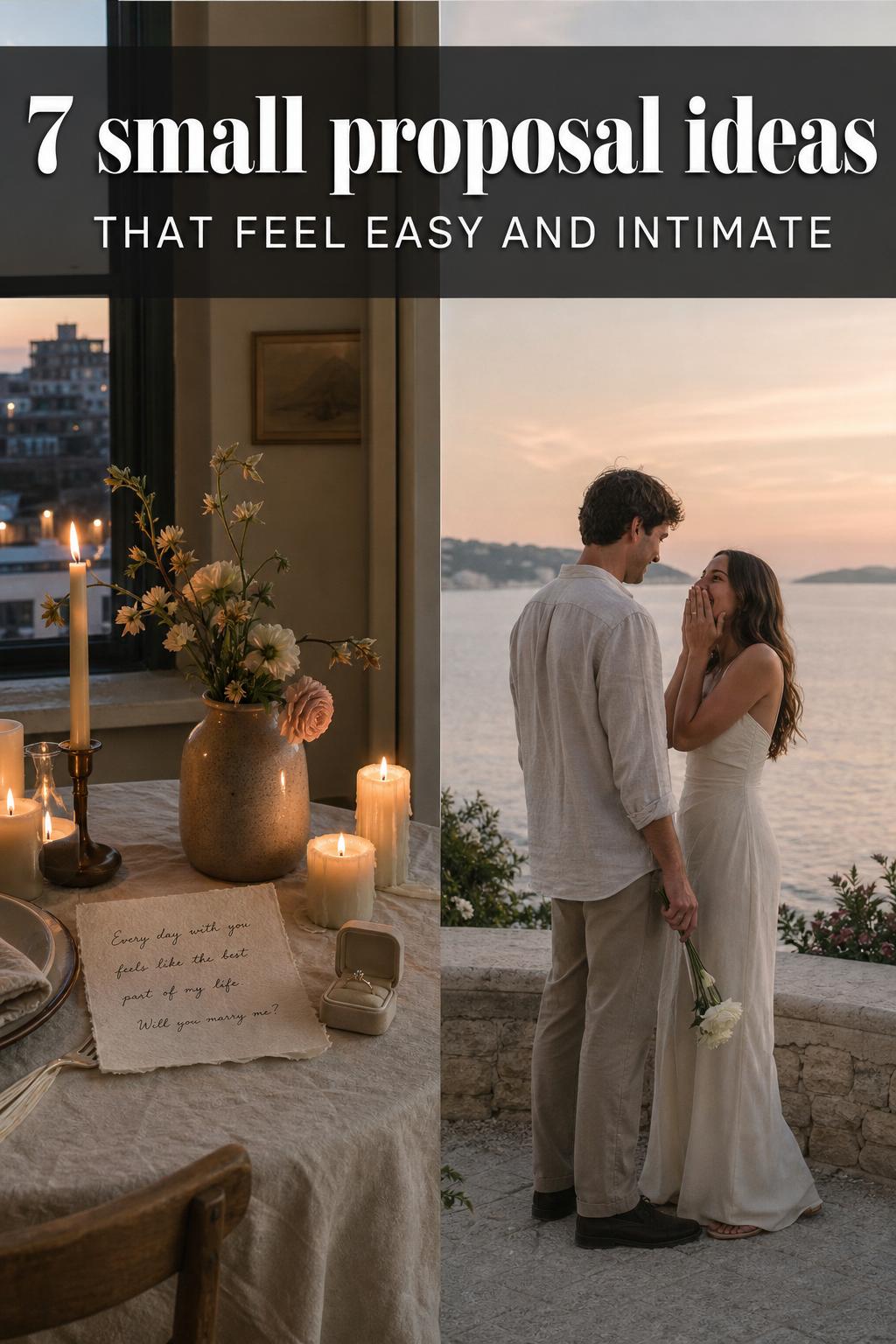 Small proposal ideas in a romantic candlelit setup with a ring box on a table at sunset