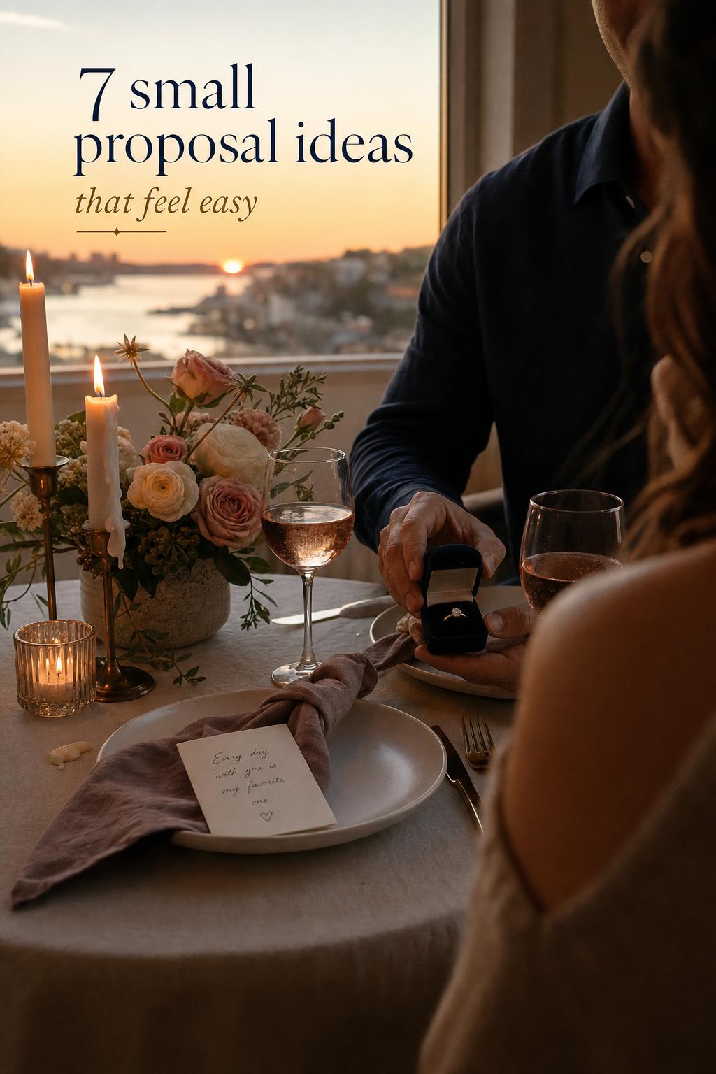 Small proposal ideas: candlelit dinner by a sunset window as a hand opens a ring box across a linen table