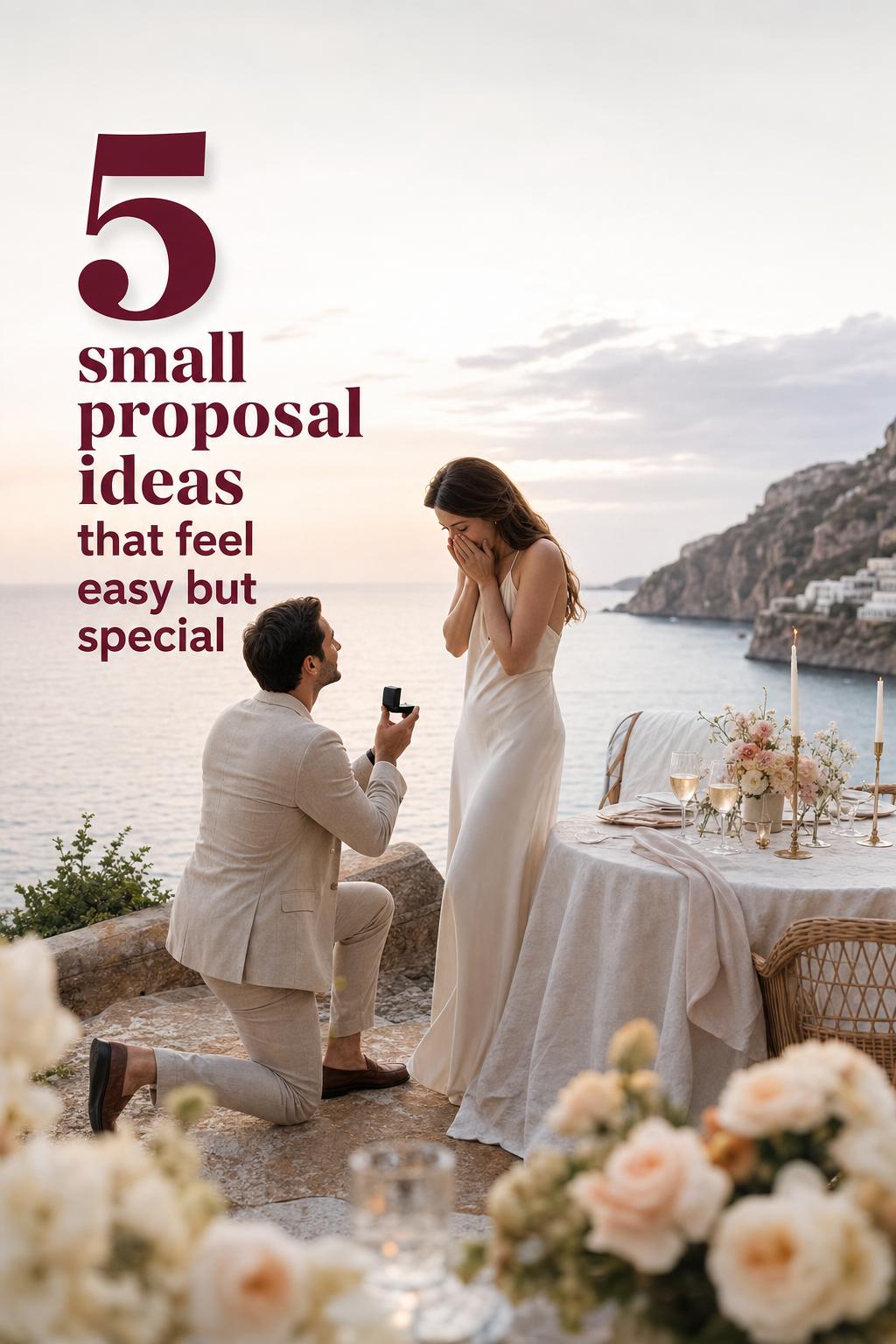 small proposal ideas on a sunset oceanfront terrace with an intimate couple beside a minimalist candlelit table for two