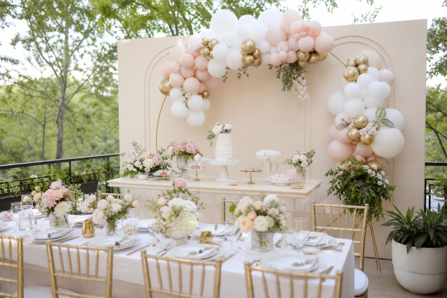 Bridal shower ideas decorations with pastel balloon arch, floral backdrop, and elegant table settings for a spring brunch