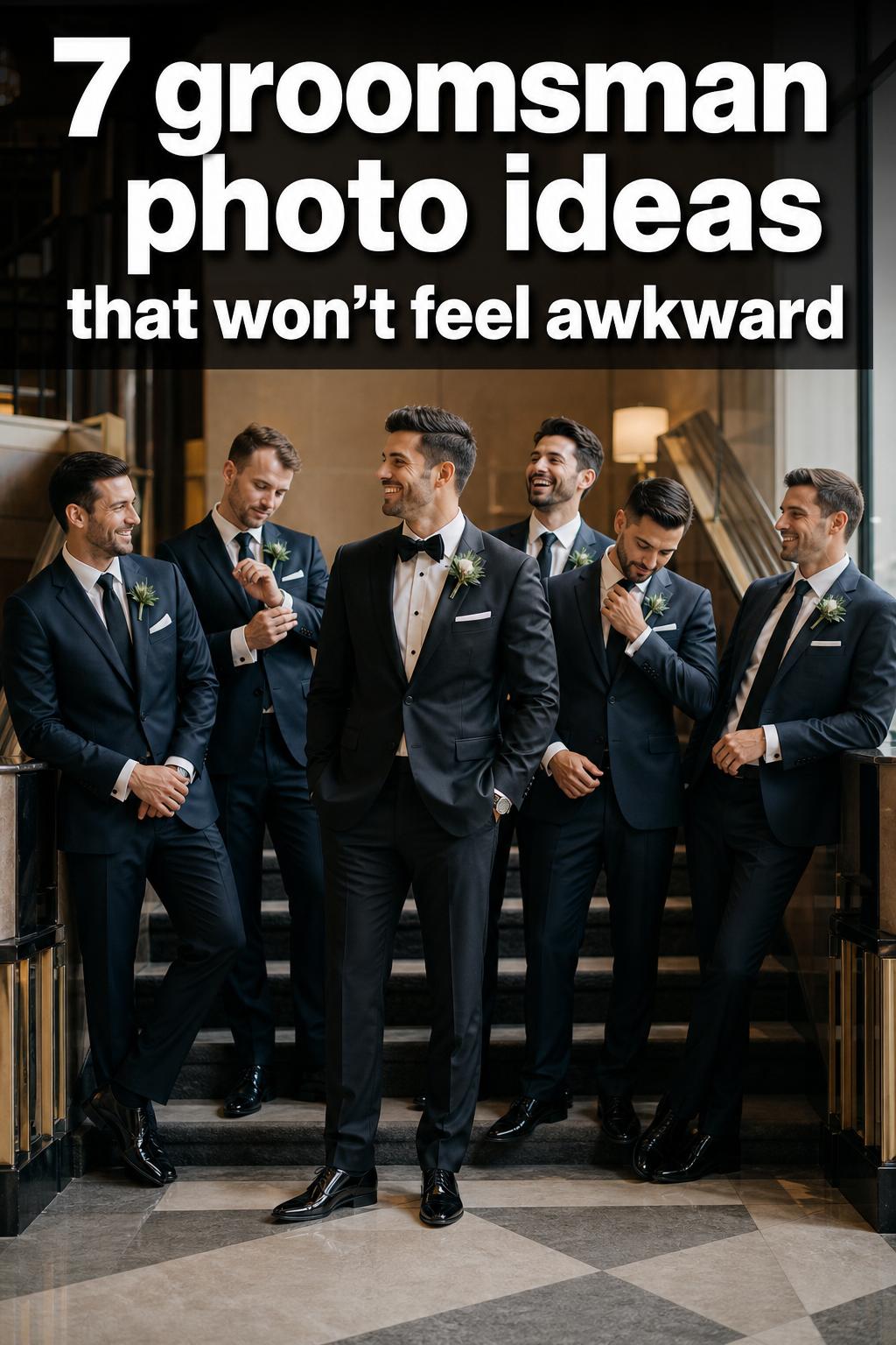 Groomsmen posing for stylish wedding party portrait outdoors, groomsman photo ideas