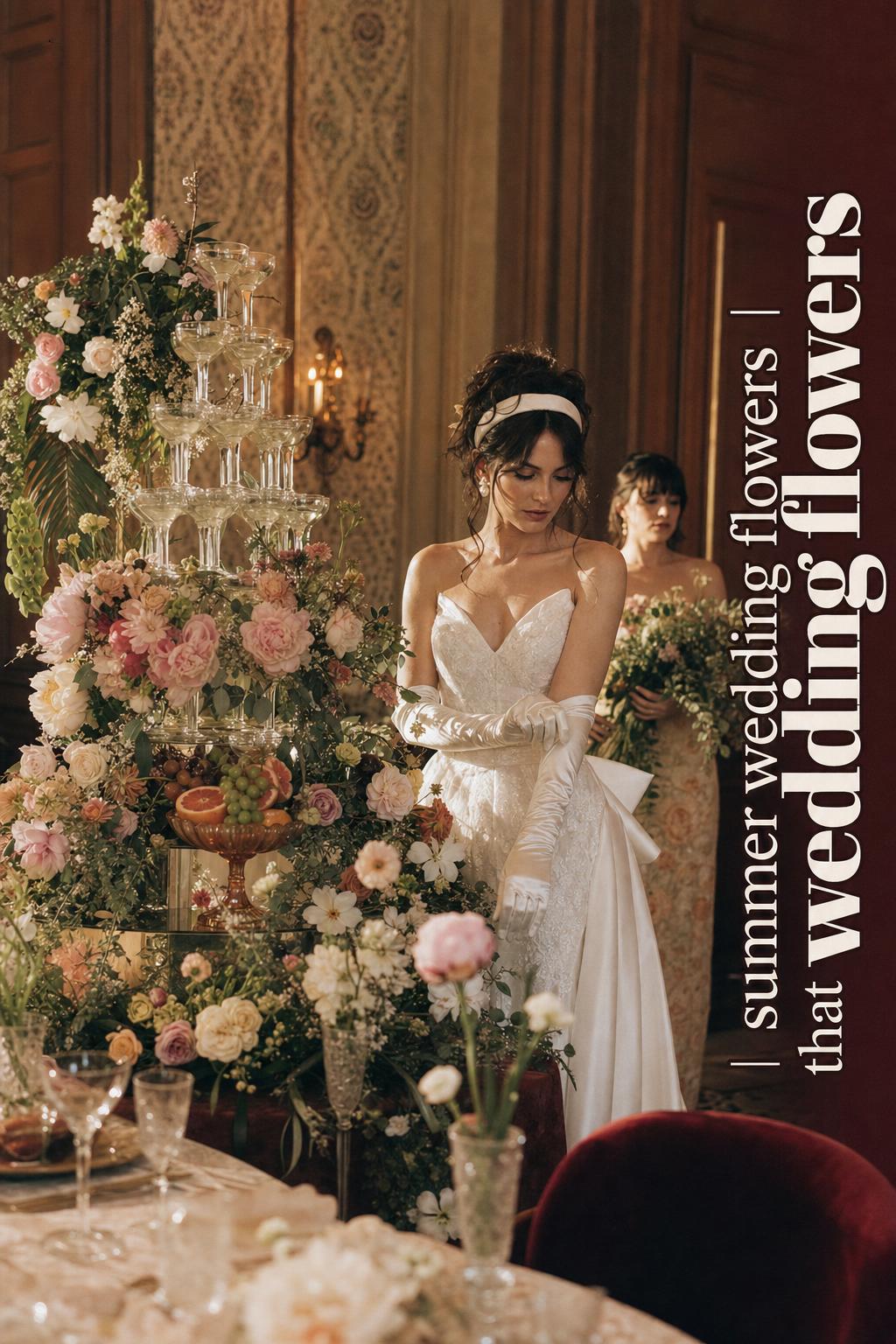 Summer wedding flowers styled on a champagne tower in a vintage hotel ballroom as a retro bride adjusts a satin glove