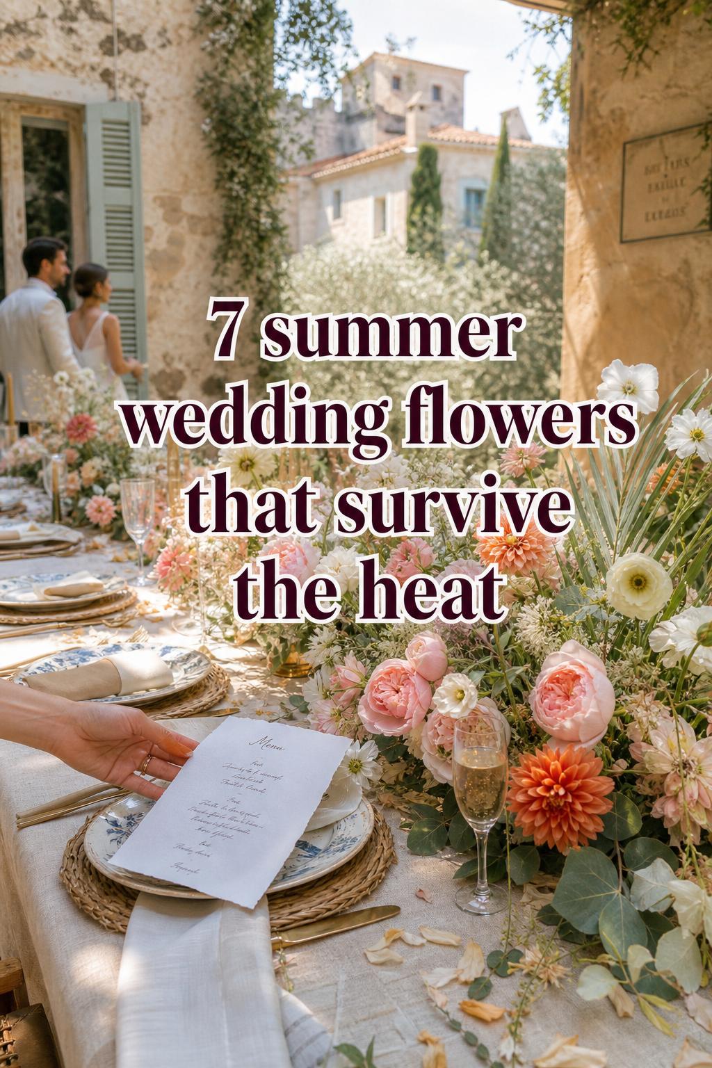 Summer wedding flowers on a sunlit Mediterranean villa reception table with lush centerpiece, linen, and handwritten menus