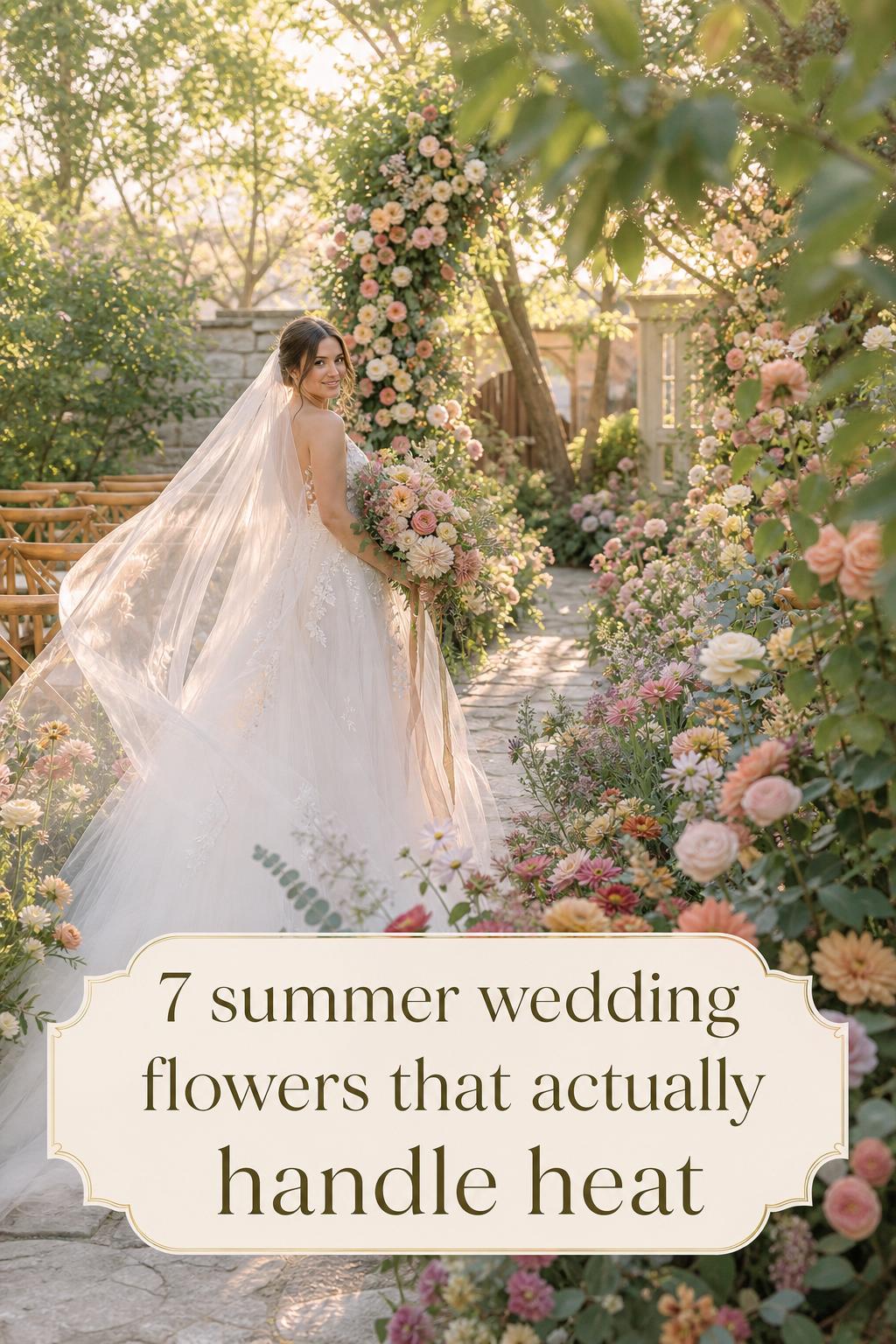 Summer wedding flowers overflowing along a sunlit garden ceremony aisle with a bride in an ivory gown and veil in the breeze