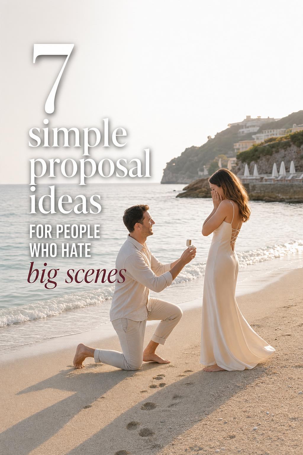 Beach proposal at a quiet seaside resort with ring box and footprints, showcasing simple proposal ideas in sunlit coastal style