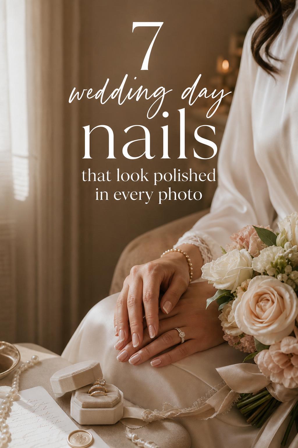 Bride by sunlit window showing glossy nude wedding day nails with rings, bouquet, and warm getting-ready details