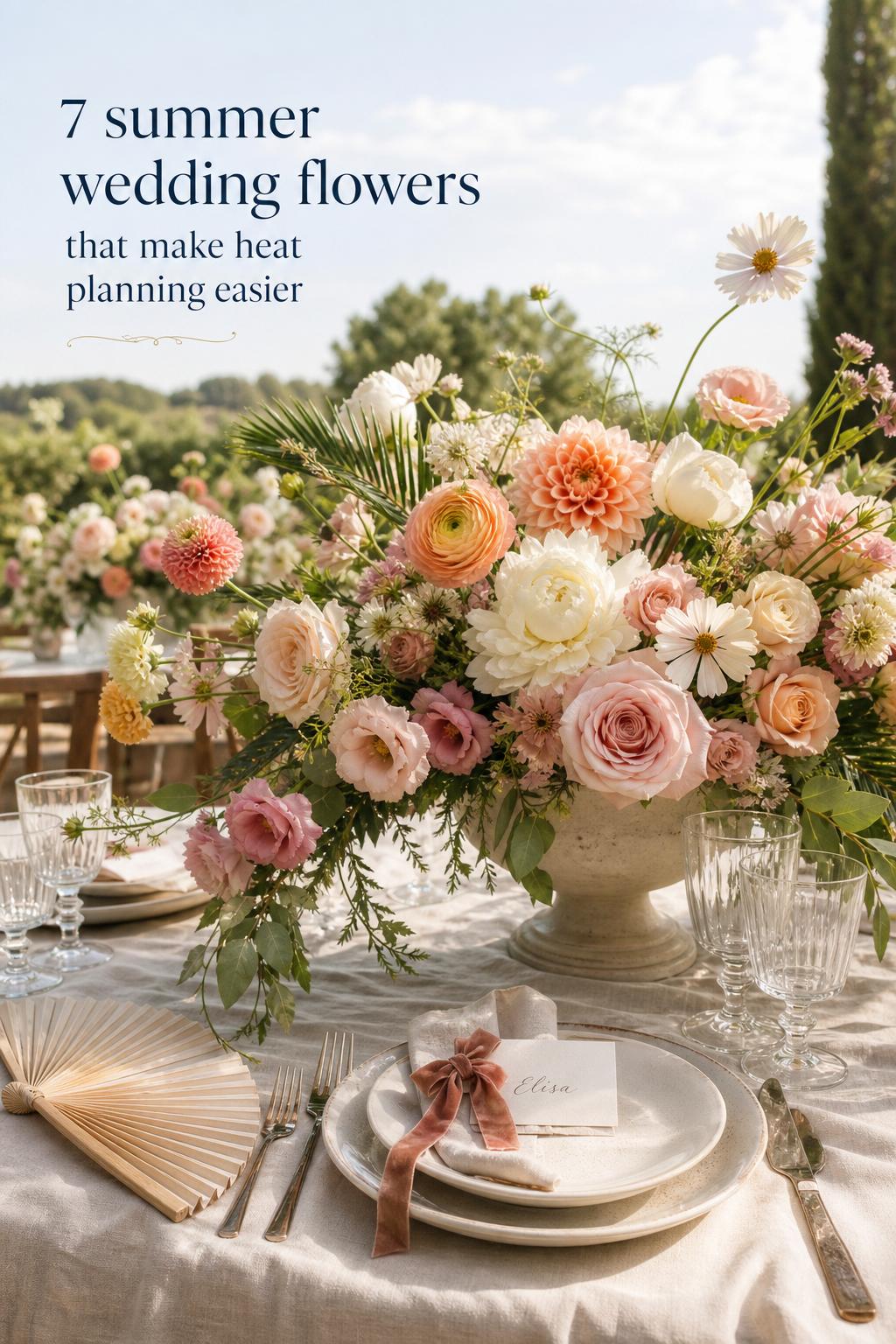 Sunlit garden reception centerpiece featuring summer wedding flowers in blush and apricot tones on a linen-draped table
