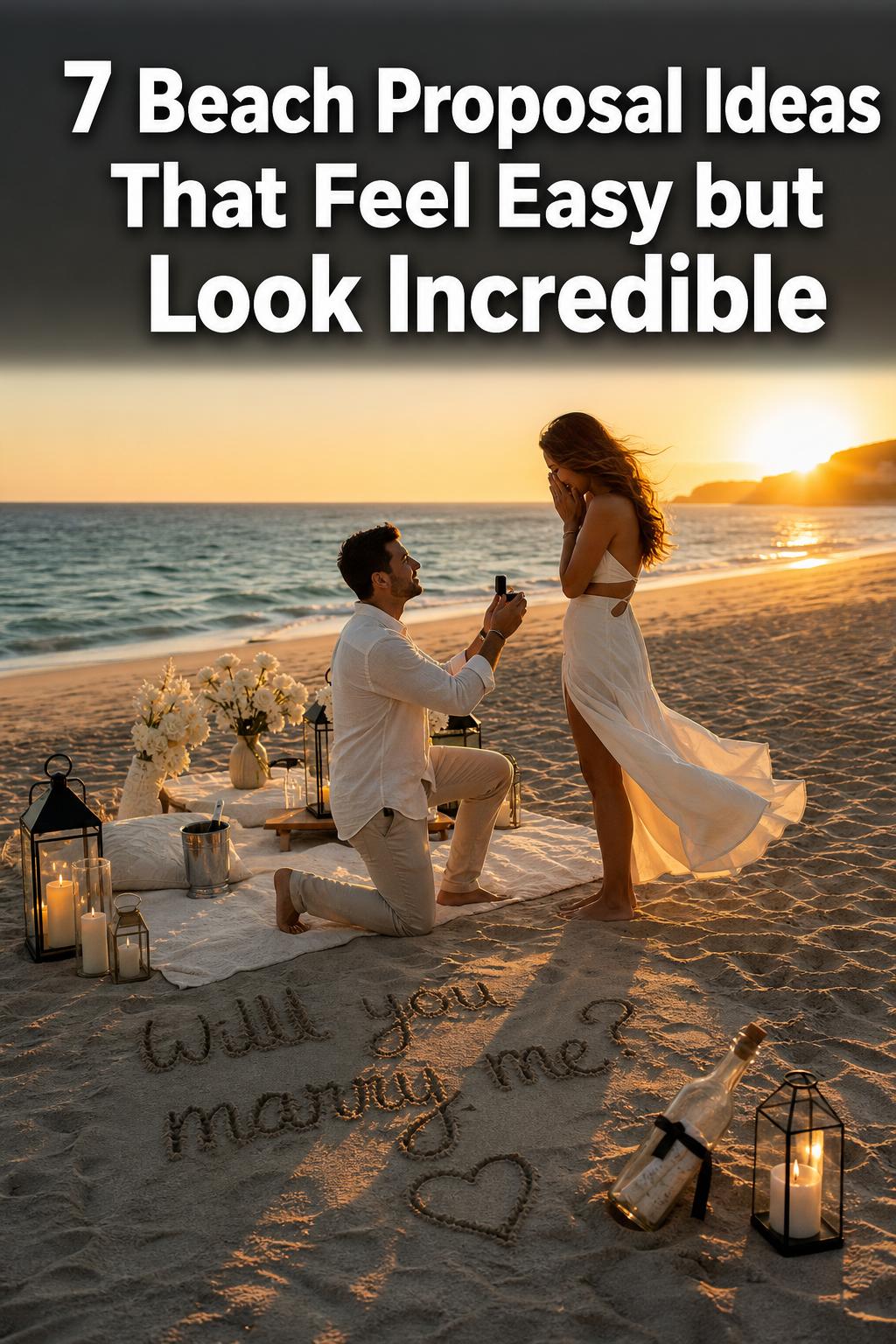 Couple sharing a romantic sunset beach proposal ideas moment by the shoreline