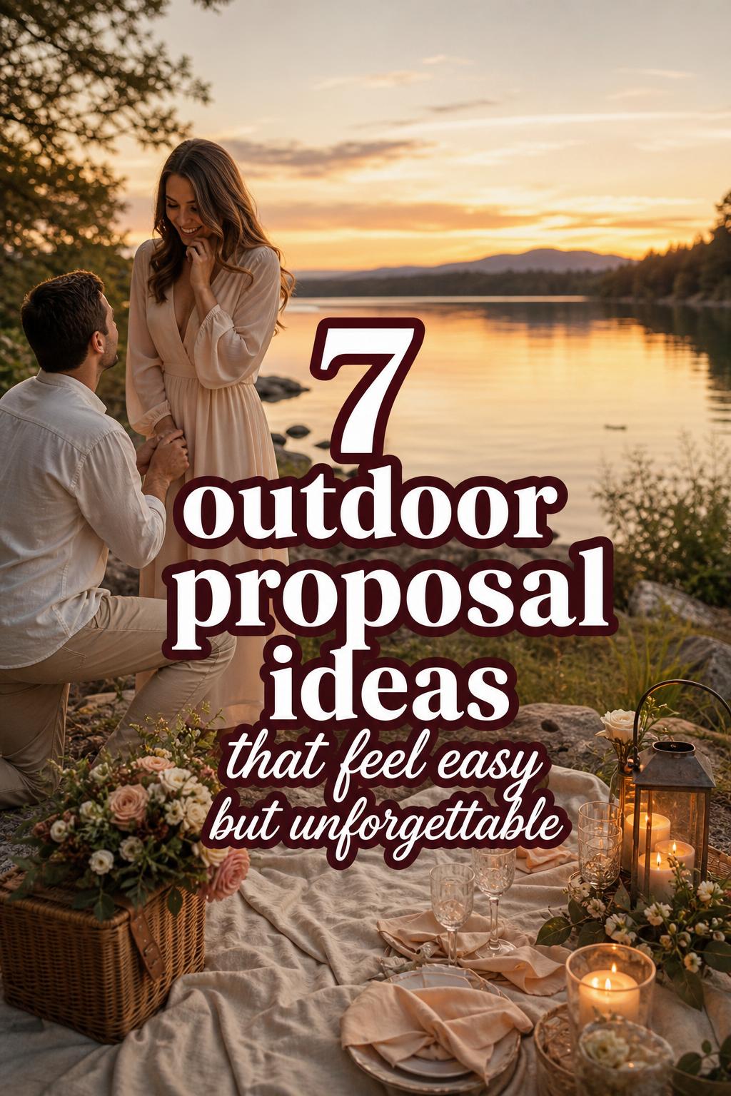 Sunset lakeside couple planning a proposal with picnic setup, featuring outdoor proposal ideas text overlay