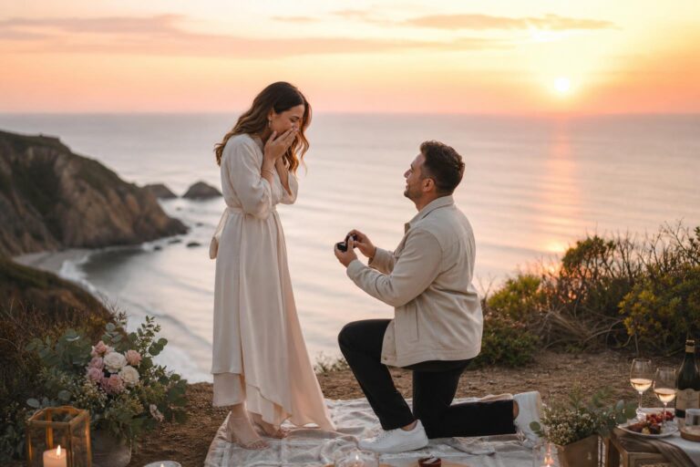 Sunset outdoor proposal ideas on a quiet beach with a romantic couple by the shoreline