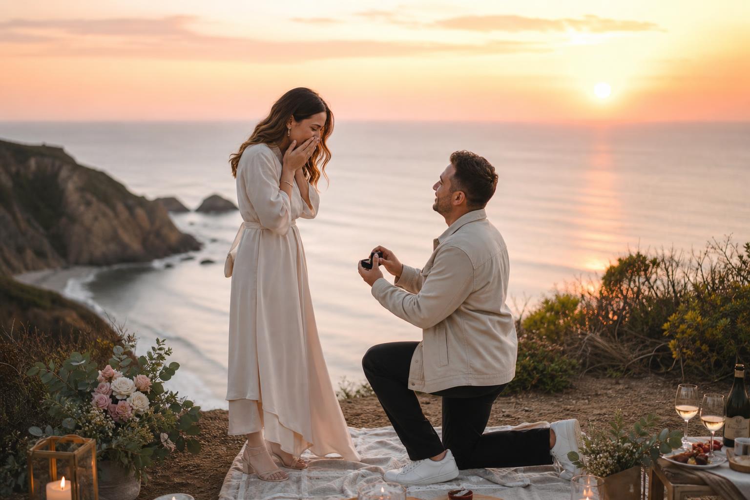Sunset outdoor proposal ideas on a quiet beach with a romantic couple by the shoreline