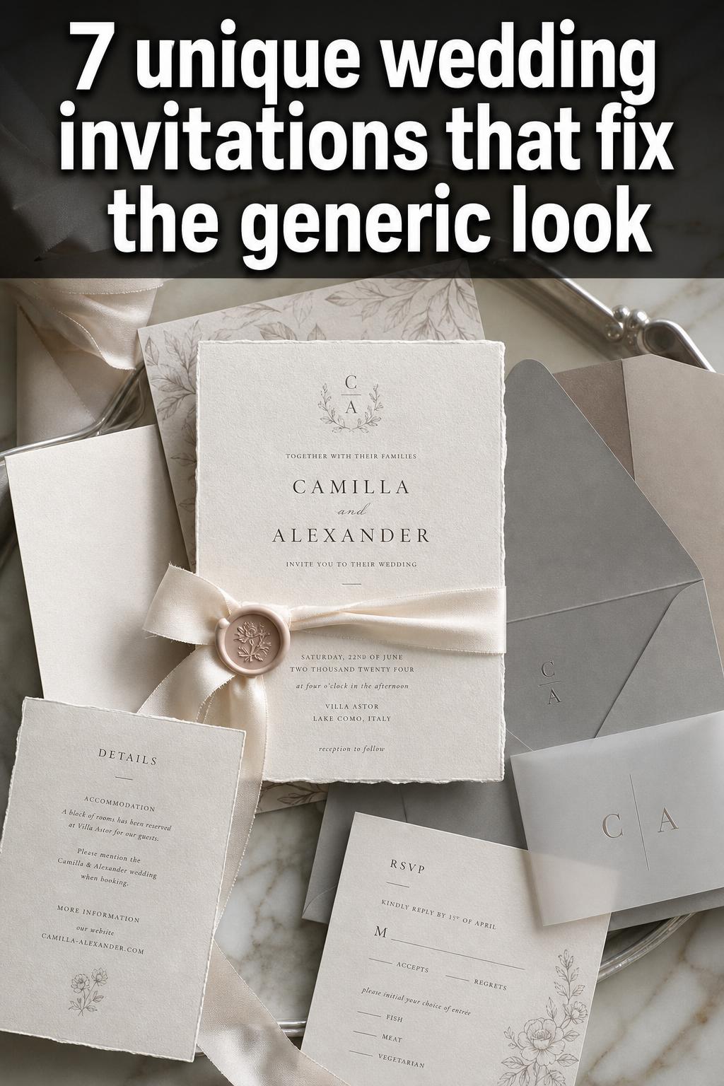 Unique wedding invitations arranged on a styled table with elegant typography and soft floral accents