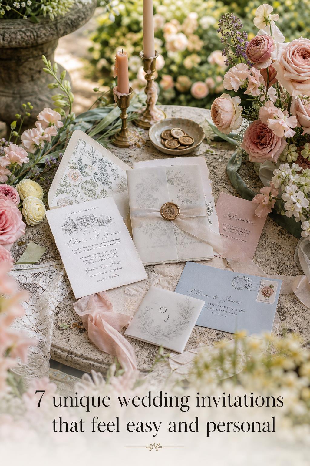 Unique wedding invitations styled on an antique stone table with lush garden florals in soft spring light