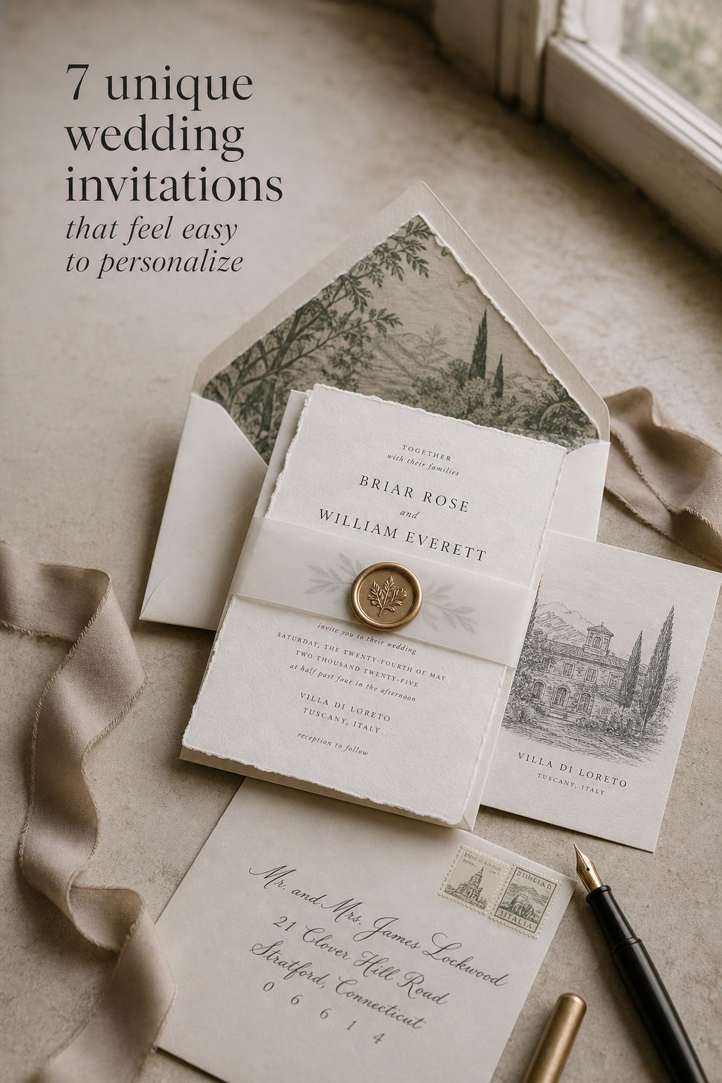 Unique wedding invitations flat lay with wax seal, vellum wrap, silk ribbon, and calligraphy envelope in window light
