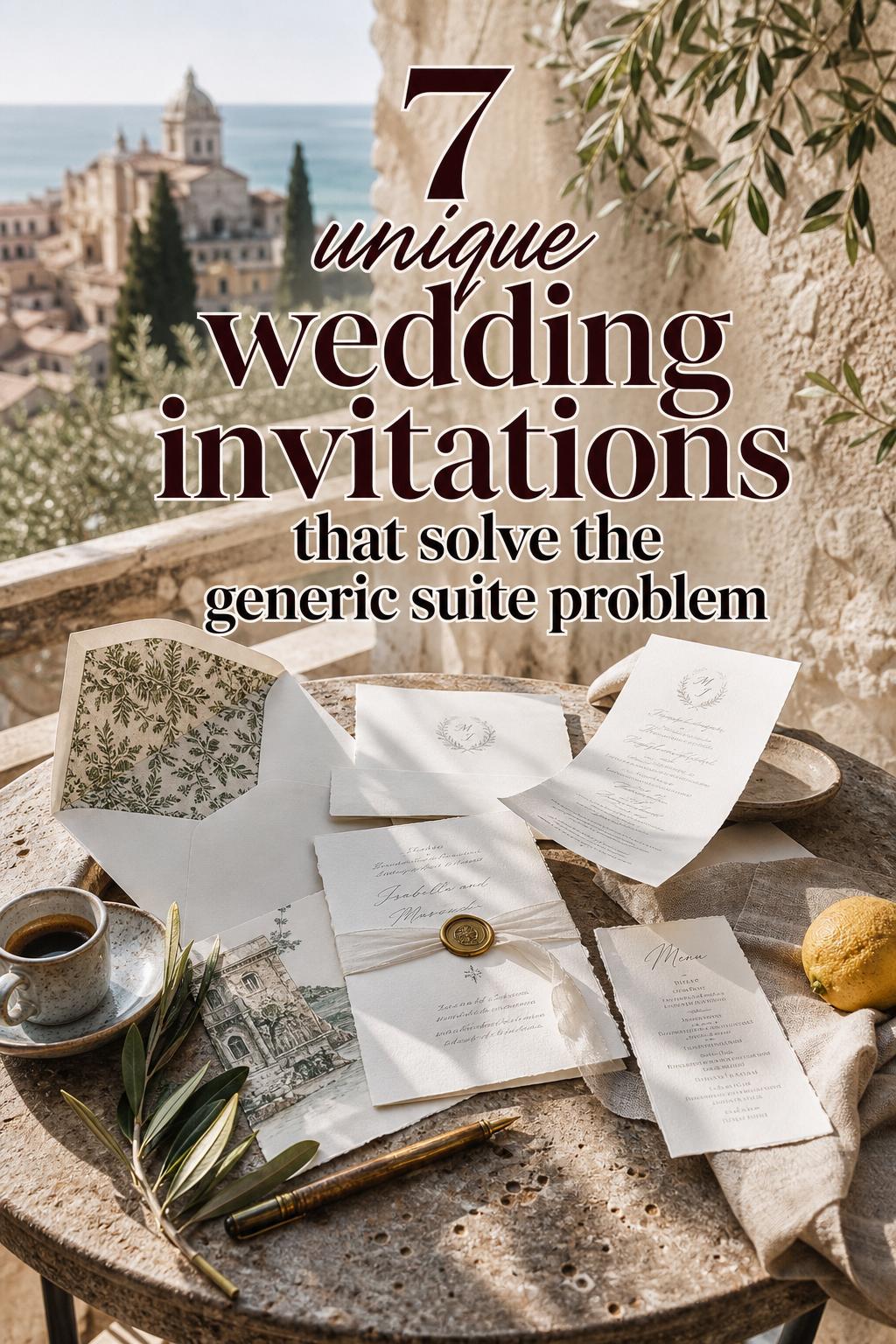 Unique wedding invitations styled on a sunlit Mediterranean terrace table with vellum, wax seal, silk ribbon and espresso cup