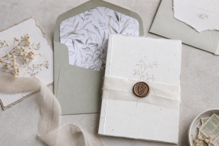 Unique wedding invitations suite with textured ivory cards, vellum wrap, wax seal, and elegant typography on a linen table