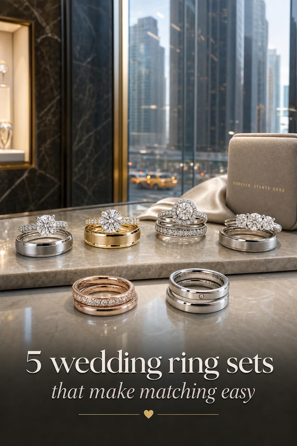 Urban jeweler counter close-up of wedding ring sets in mixed metals with city skyline reflections and elegant text overlay