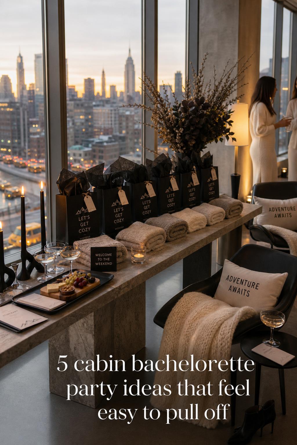 Luxury penthouse welcome setup with city skyline at golden hour for cabin bachelorette party ideas, with throws and champagne