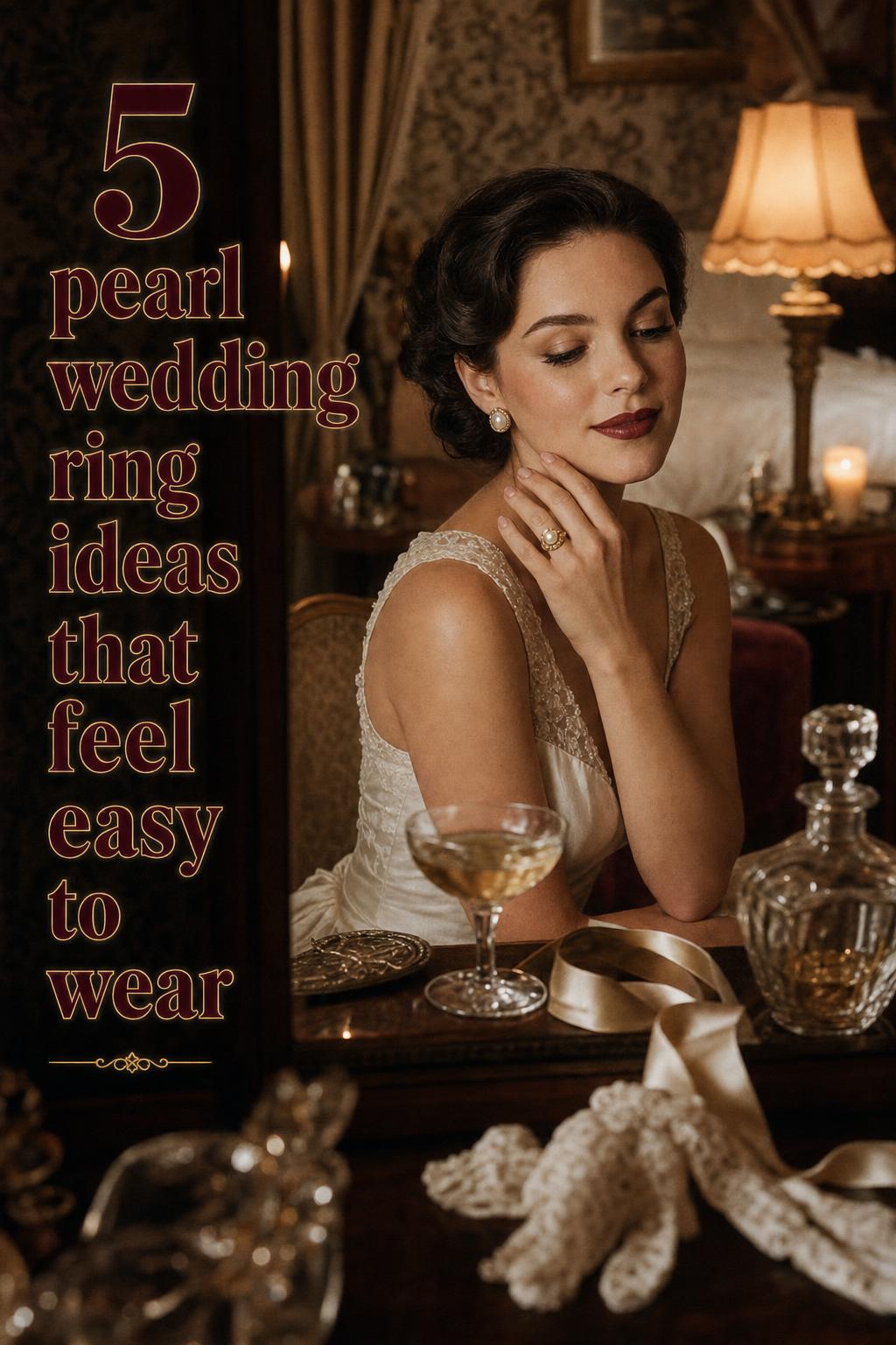 Bride at a vintage hotel vanity showcasing a pearl wedding ring in warm gold with Art Deco details, candlelit and cinematic