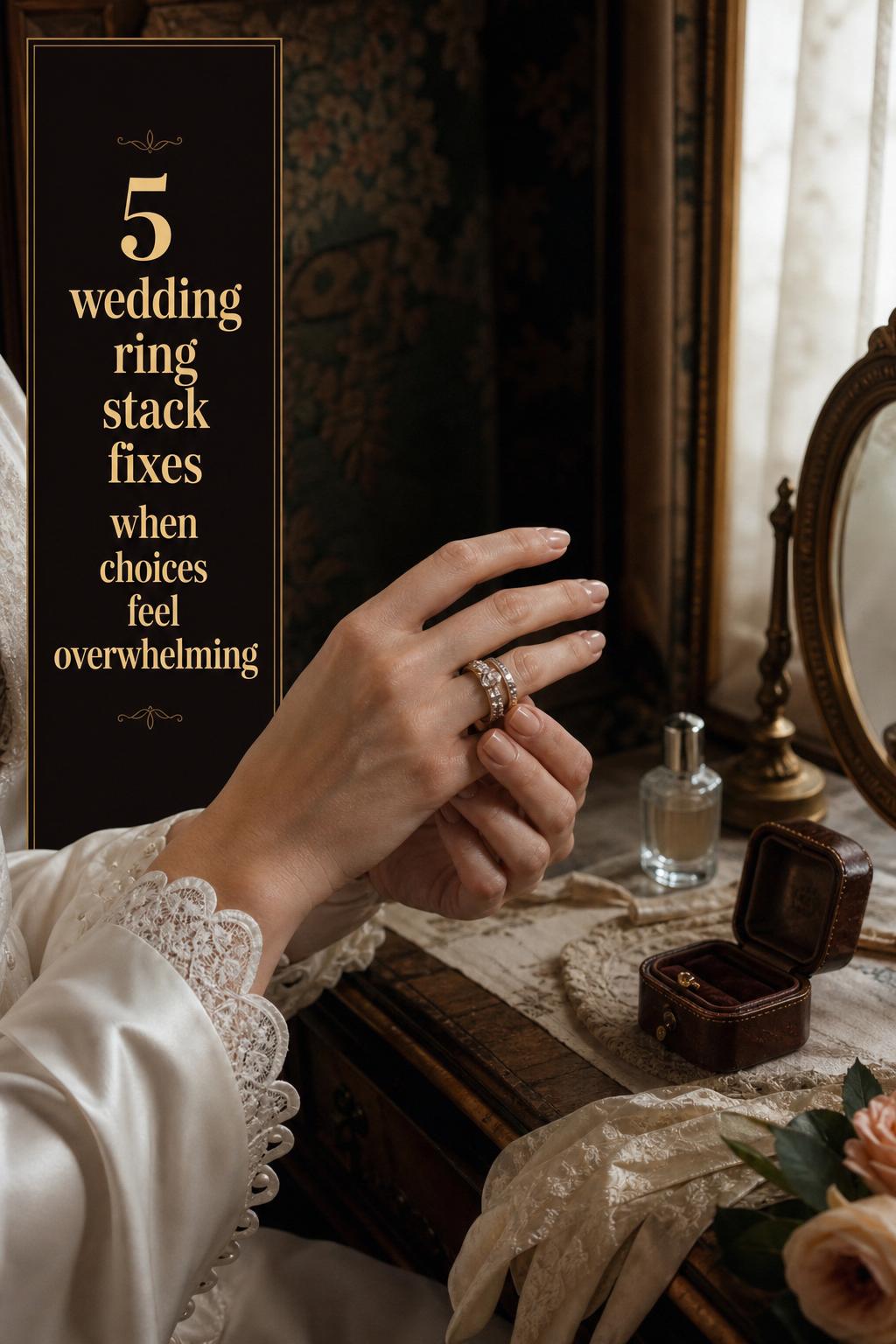 Wedding ring stack fixes text overlay beside bridal hands adjusting rings at a vintage hotel vanity window