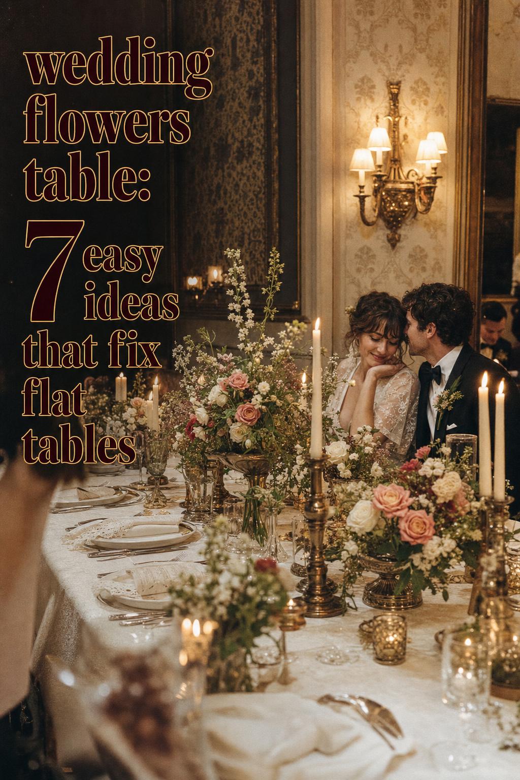 Vintage candlelit wedding flowers table in historic ballroom with bud vases, brass candlesticks, and romantic blooms