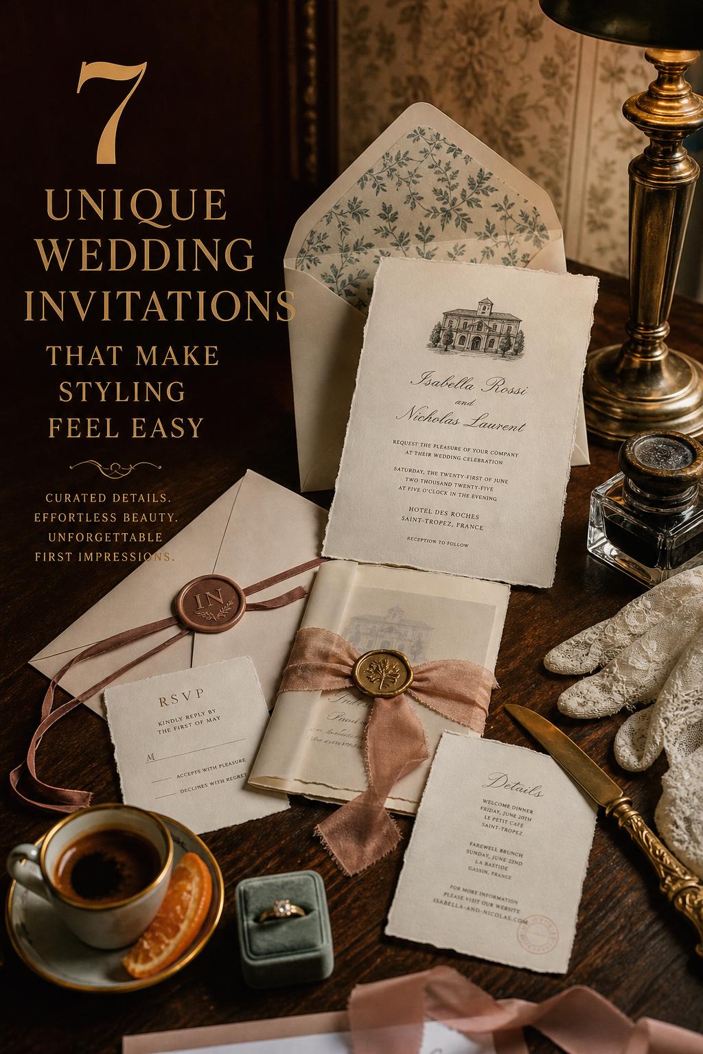 Vintage wedding invitation suite on worn wood desk with wax seal, ribbon and inkwell, featuring unique wedding invitations