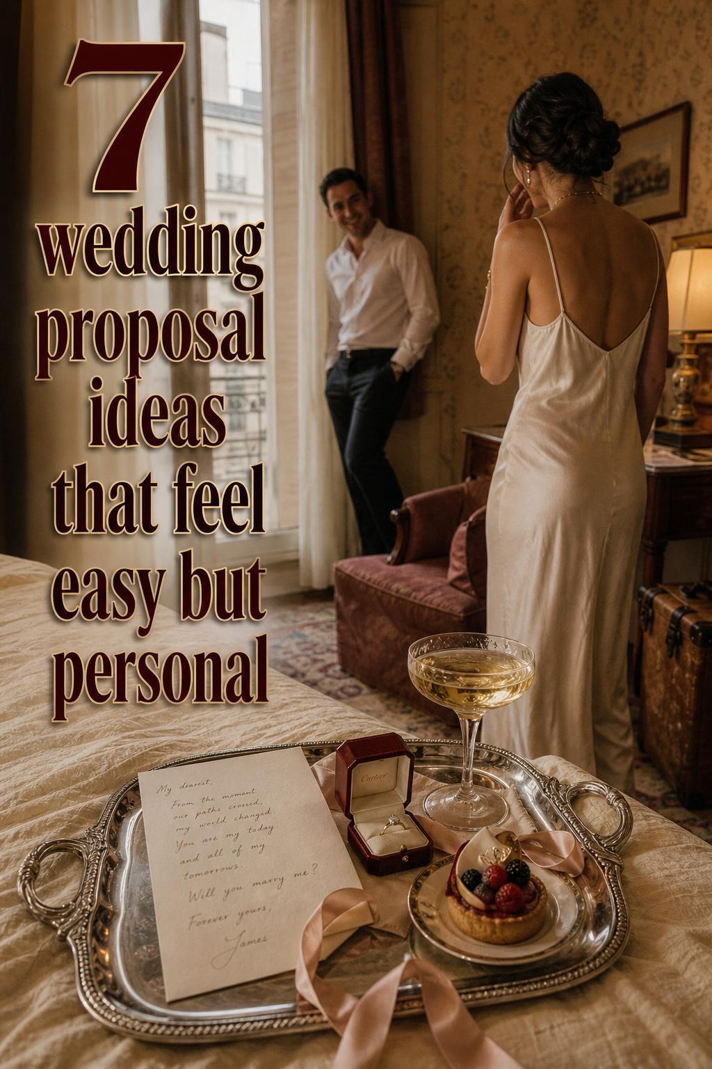 Vintage hotel proposal tray with note and ring box, cinematic suite scene showcasing wedding proposal ideas