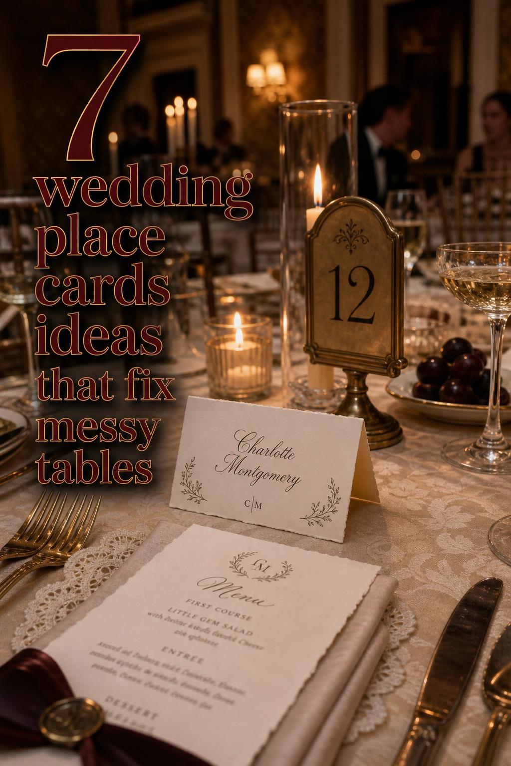 Vintage hotel reception table with elegant wedding place cards, menus, brass table number, and candlelit glassware in warm glow