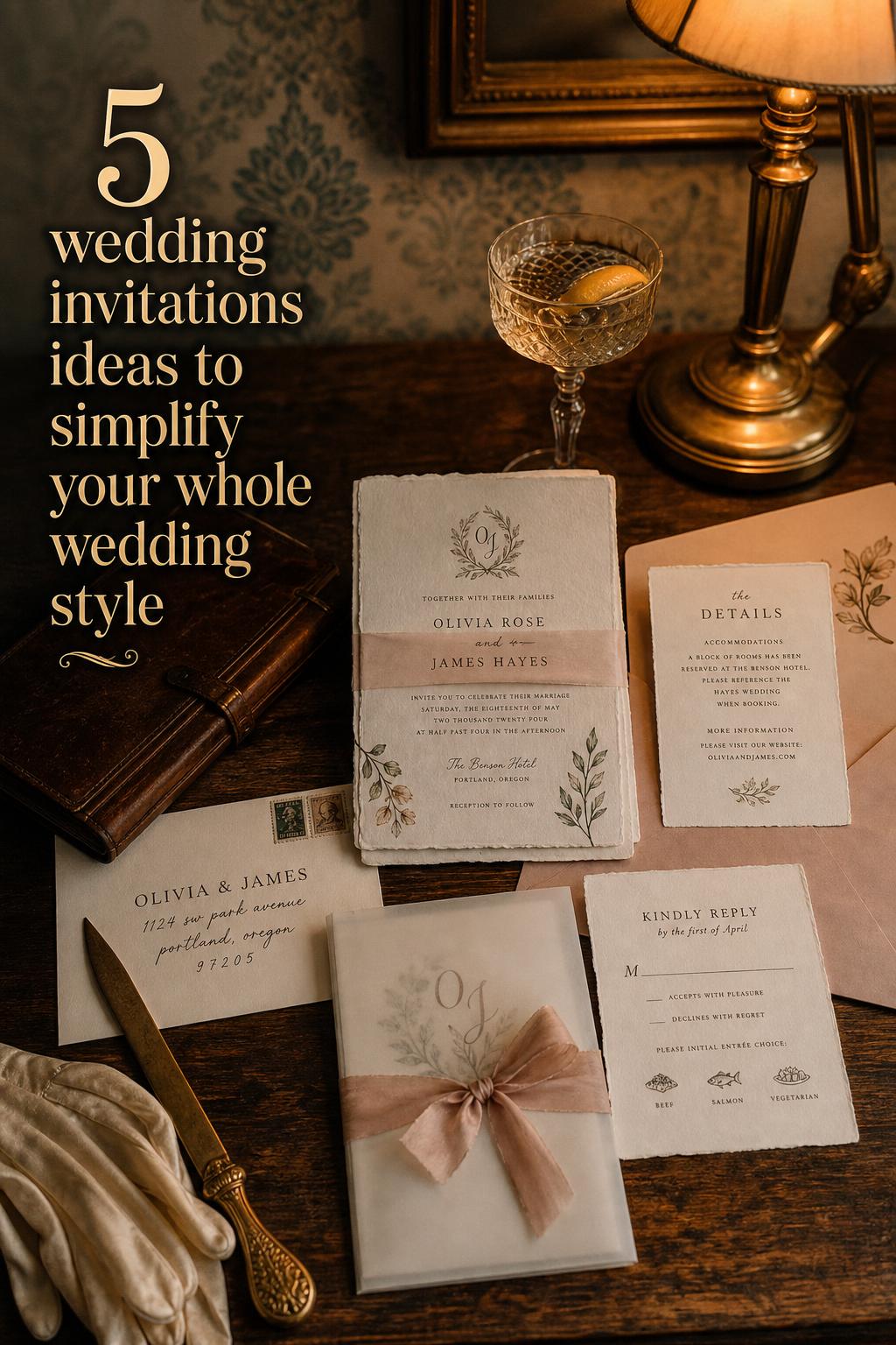 Wedding invitations ideas shown in a vintage invitation suite on a hotel writing desk with wax seal, ribbon, and warm lamp glow.
