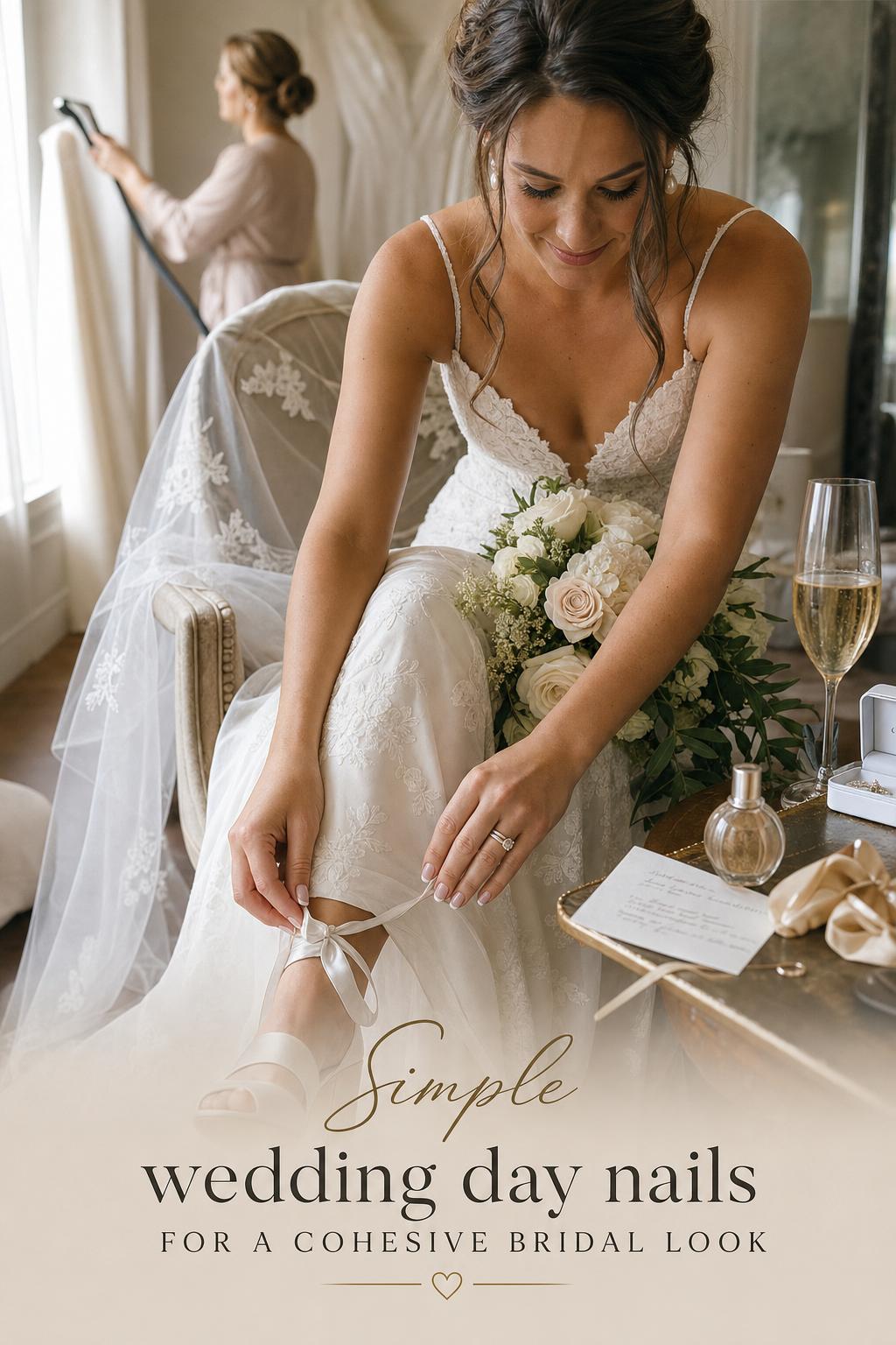 Wedding day nails in glossy pale pink nude with micro French tips as bride ties satin heel, rings and bouquet in window light.