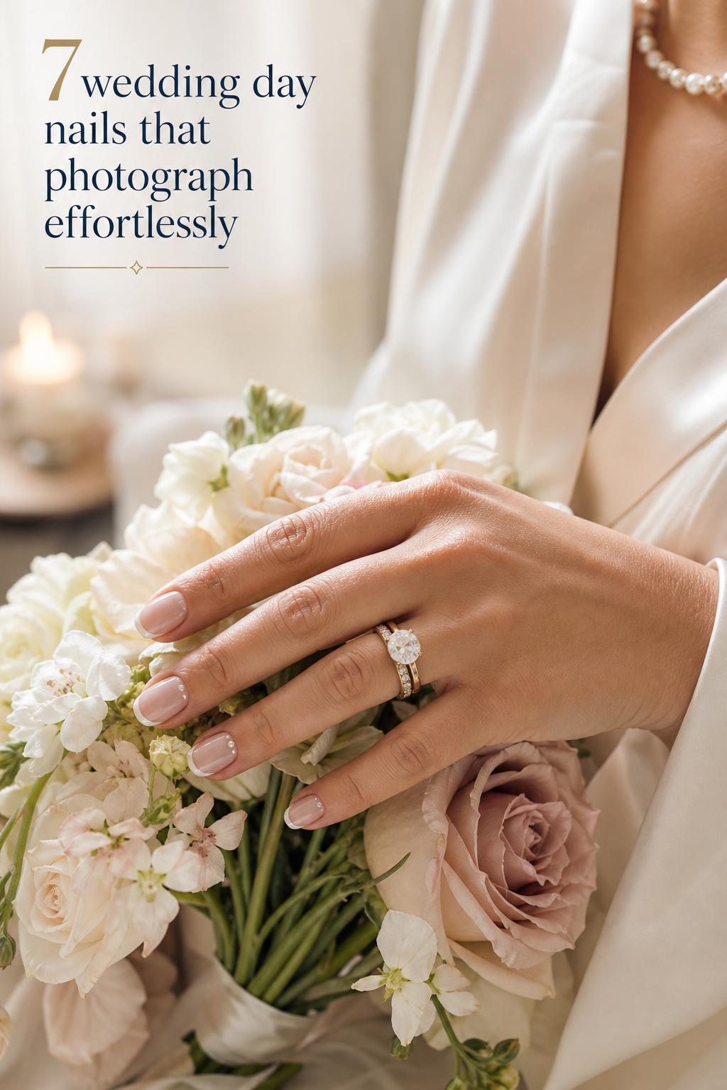 Wedding day nails close-up of bride’s hand on blush bouquet with rings, pale pink micro French manicure and pearl accents