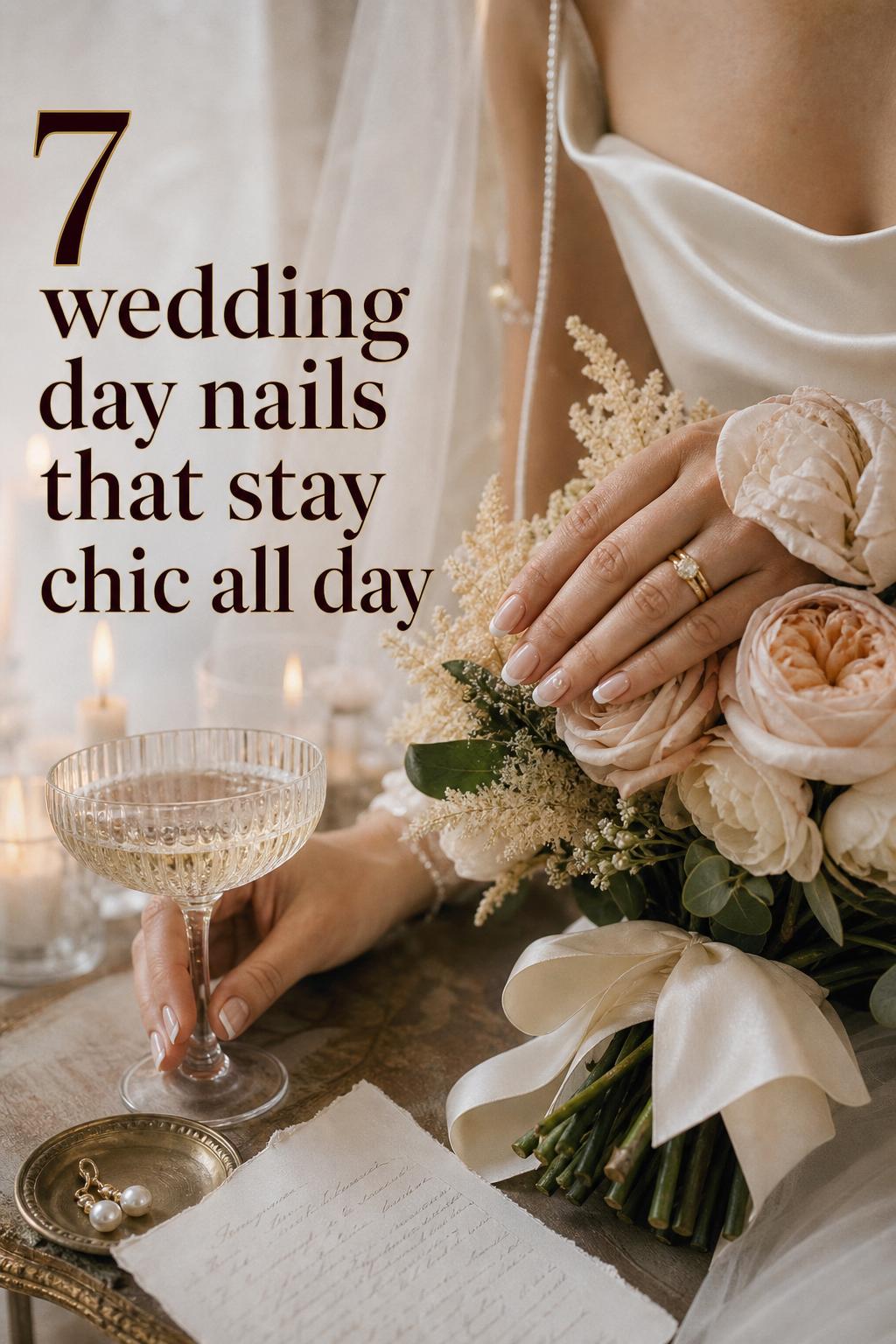 Wedding day nails close-up on bride’s hand resting on rose bouquet, nude micro French tip and pearl accent ring details.