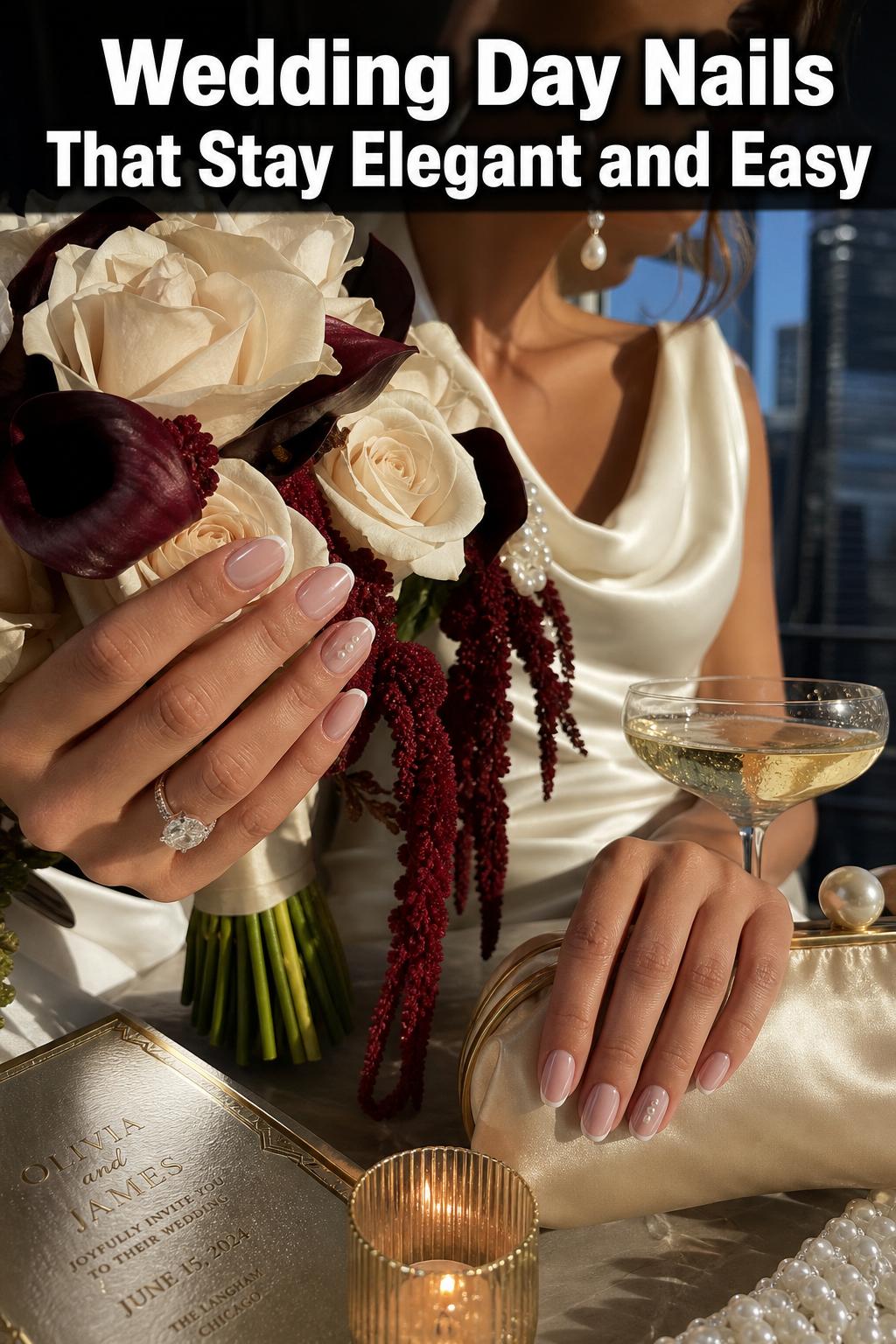 Wedding day nails in a soft blush manicure with delicate shimmer, photographed close up on a bride’s hands
