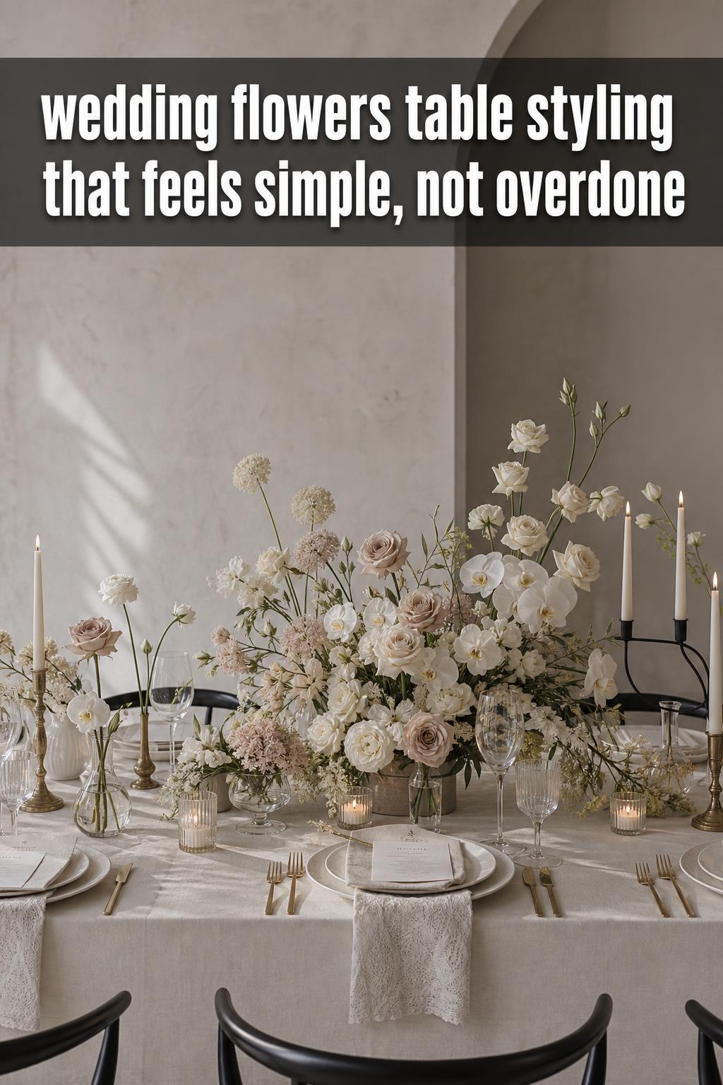 Elegant wedding flowers table arrangement with roses and greenery in a bright reception setting