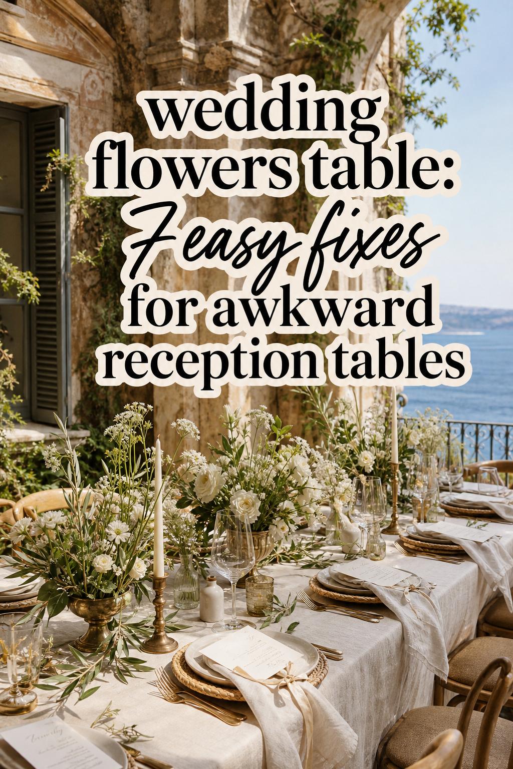 Wedding flowers table on a sunlit Mediterranean stone terrace with ivory linen, olive branches, candles and bud vases