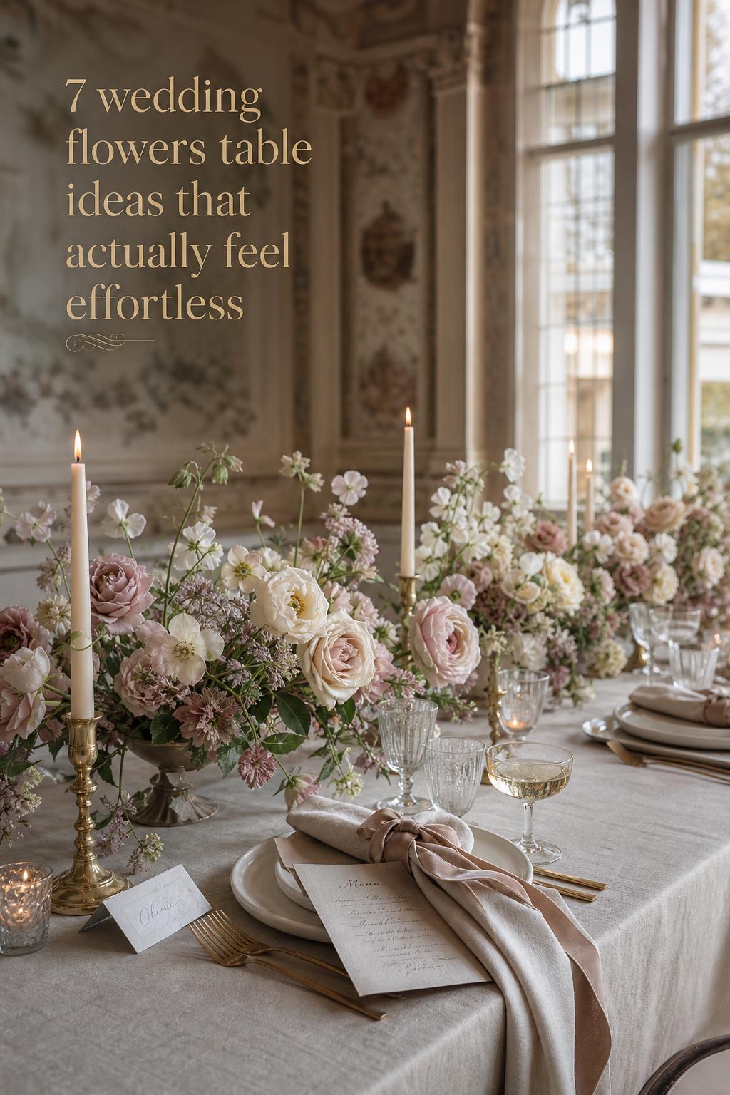 Wedding flowers table styling with ivory blush florals, brass taper candles, linen tableware and place cards in a luxury venue