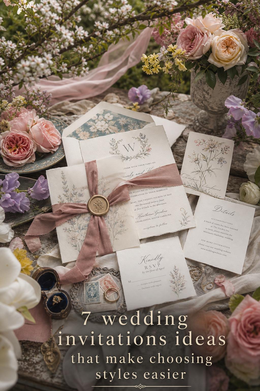 Wedding invitations ideas flat lay with blush stationery, silk ribbon and garden florals on an antique table outdoors