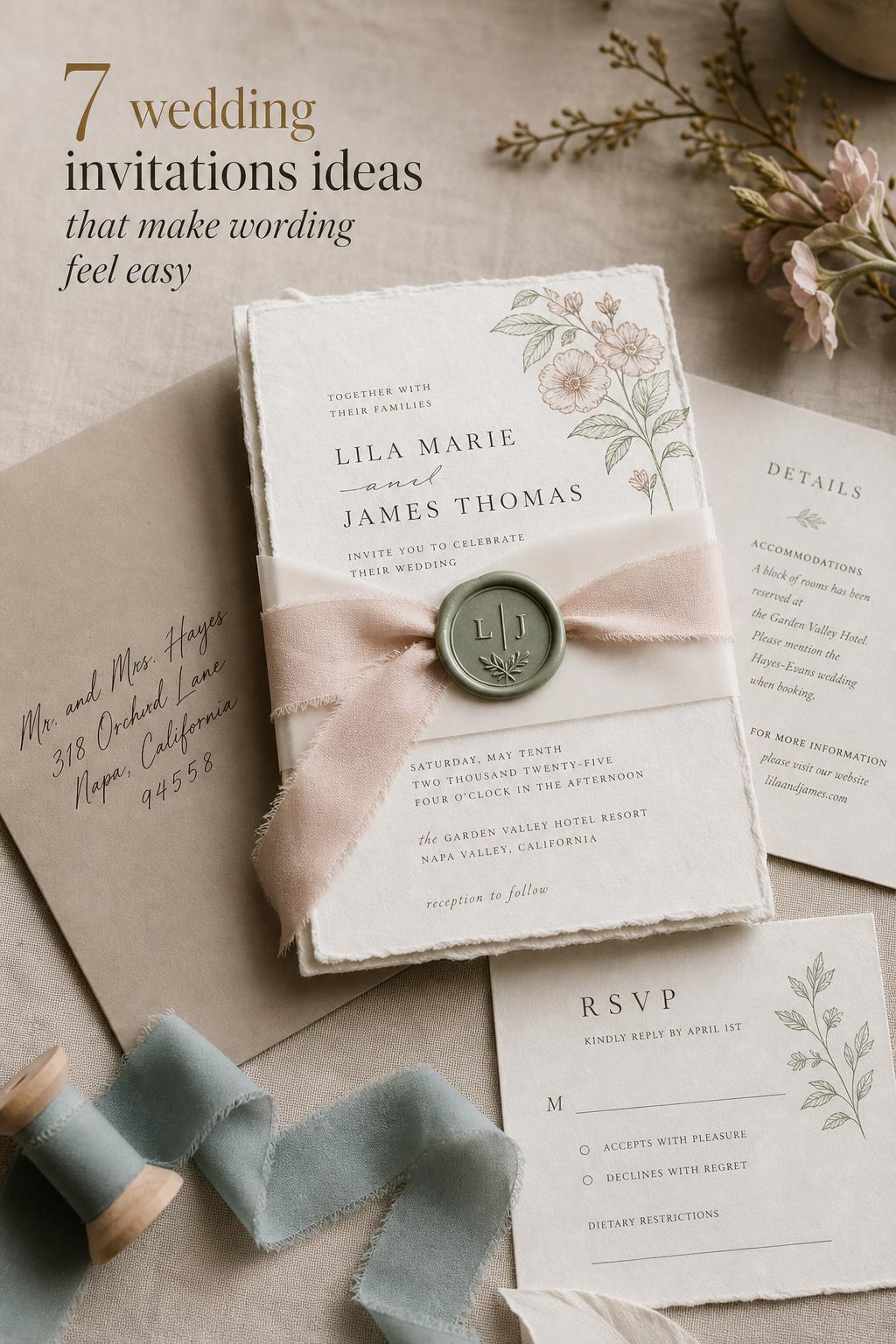 Wedding invitations ideas flat lay with ivory deckled suite, vellum wrap, blush ribbon, sage wax seal on linen.