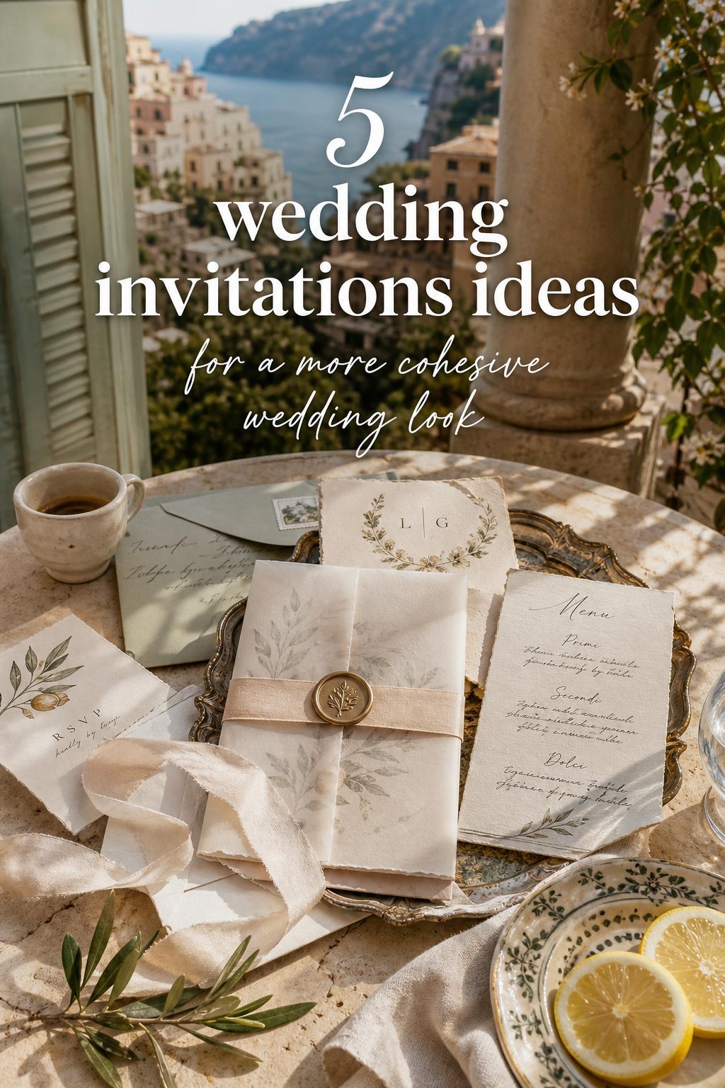 Wedding invitations ideas on a sunlit Mediterranean café table with ivory and blush stationery, wax seal, ribbon, espresso and lemons.